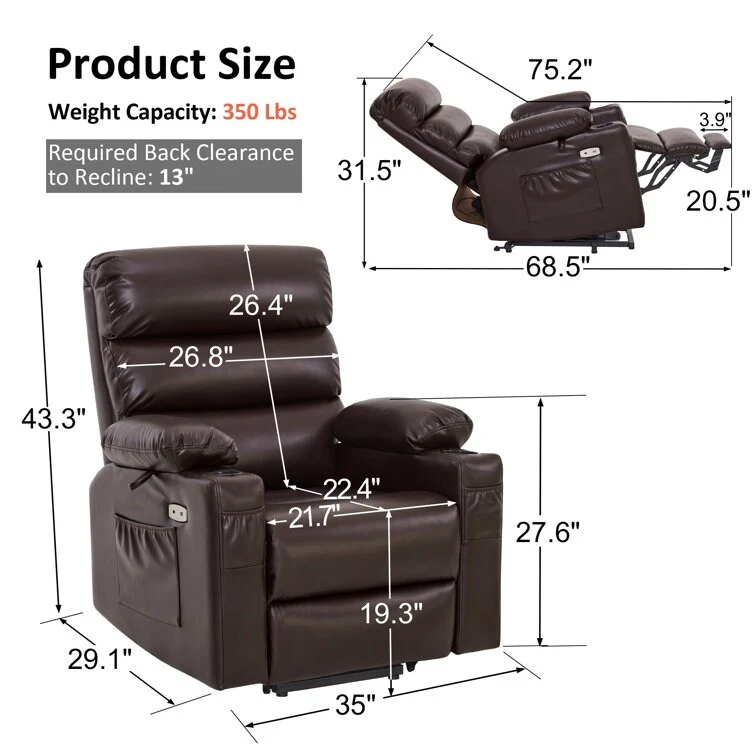 Power Recliner Lift Assit Chair with Vibration Massage and Heat, Faux Leather, 350 lbs