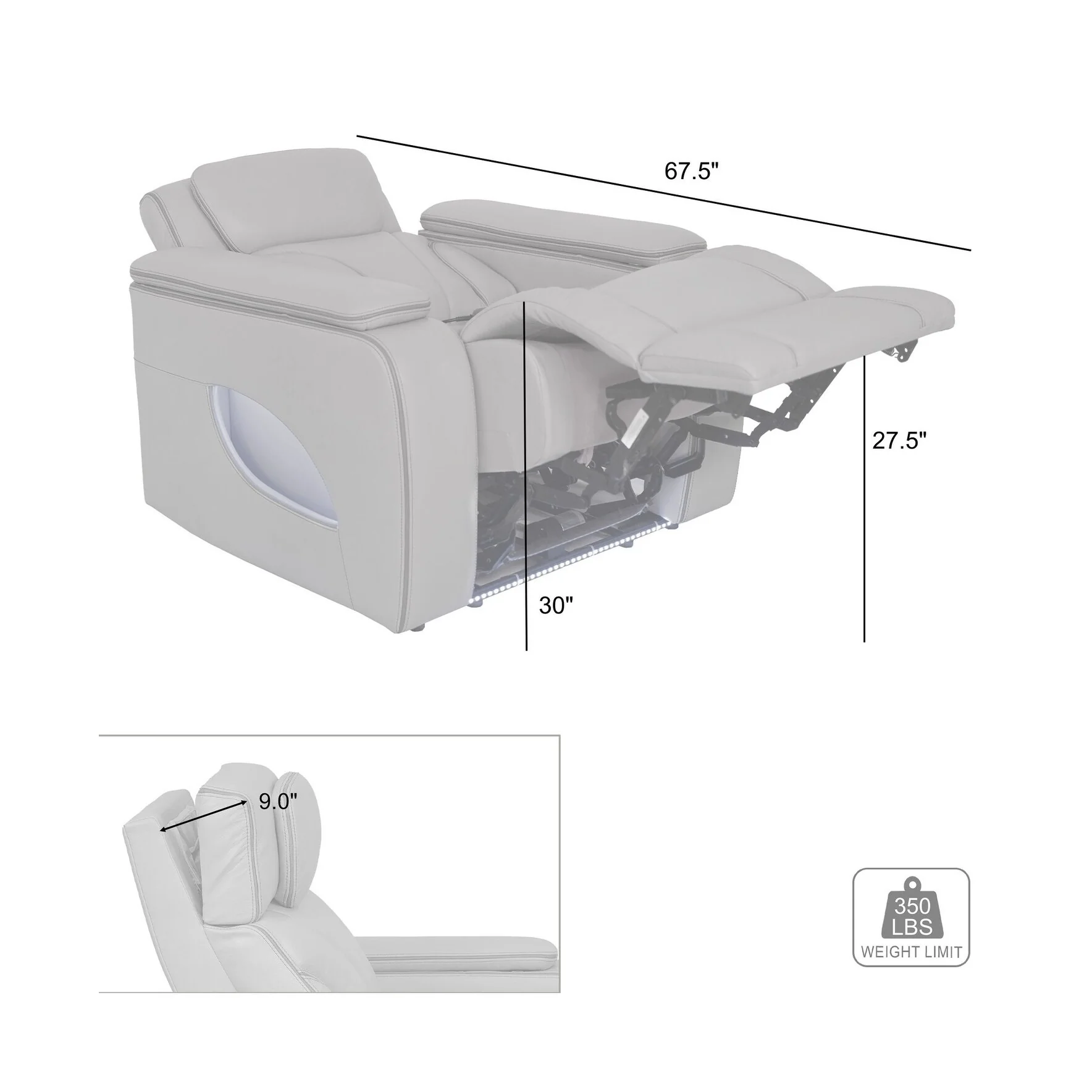 Octavia Silver and Gray Leather Zero Gravity Power Recliner with Heat and Massage