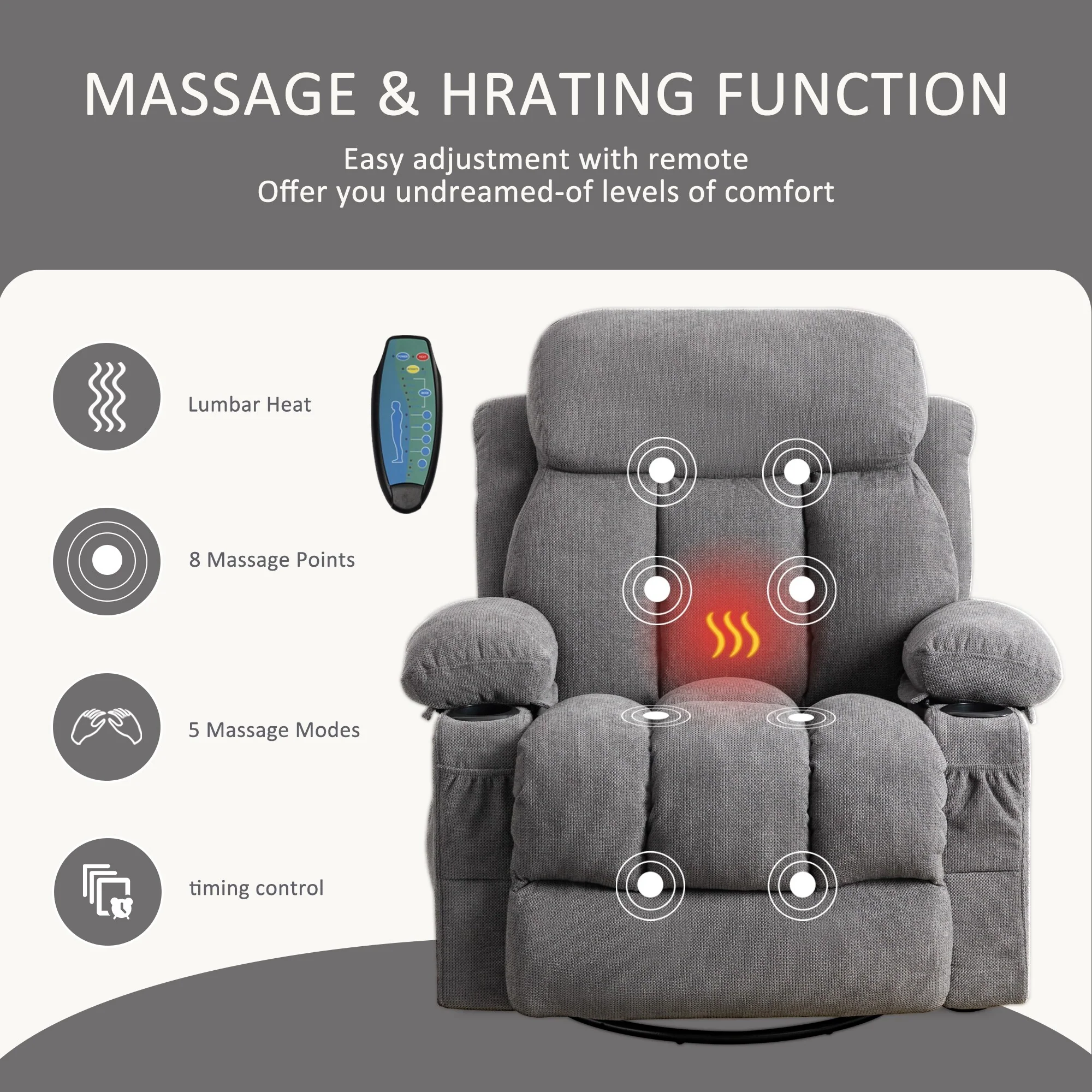 360�� Swivel Recliner Chair with Massage, Heat, USB, and Cup Holders