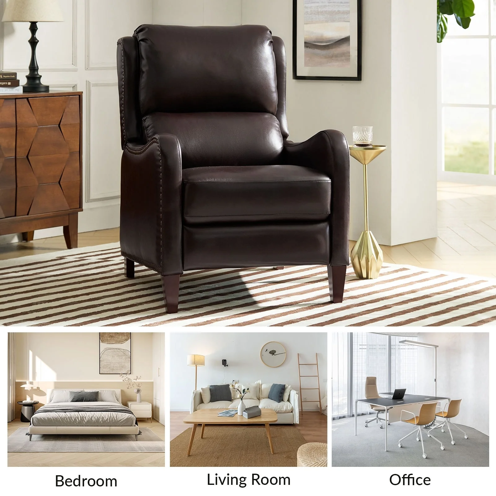 Brigida Modern Genuine Leather Nailhead Trim Recliner with Adjustable Footrest Set of 2 by HULALA HOME