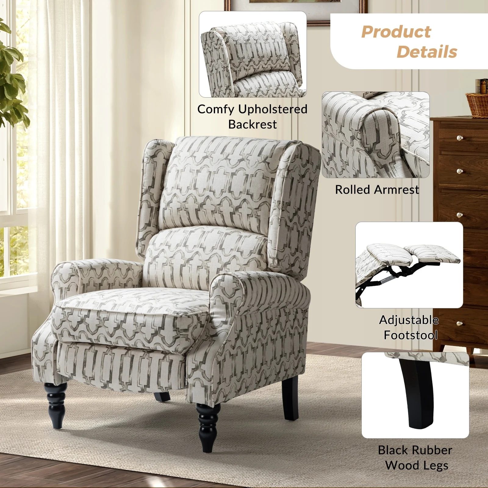 Olympus Upholstered Classic Manual Wingback Recliner with Solid Wood Legs by HULALA HOME