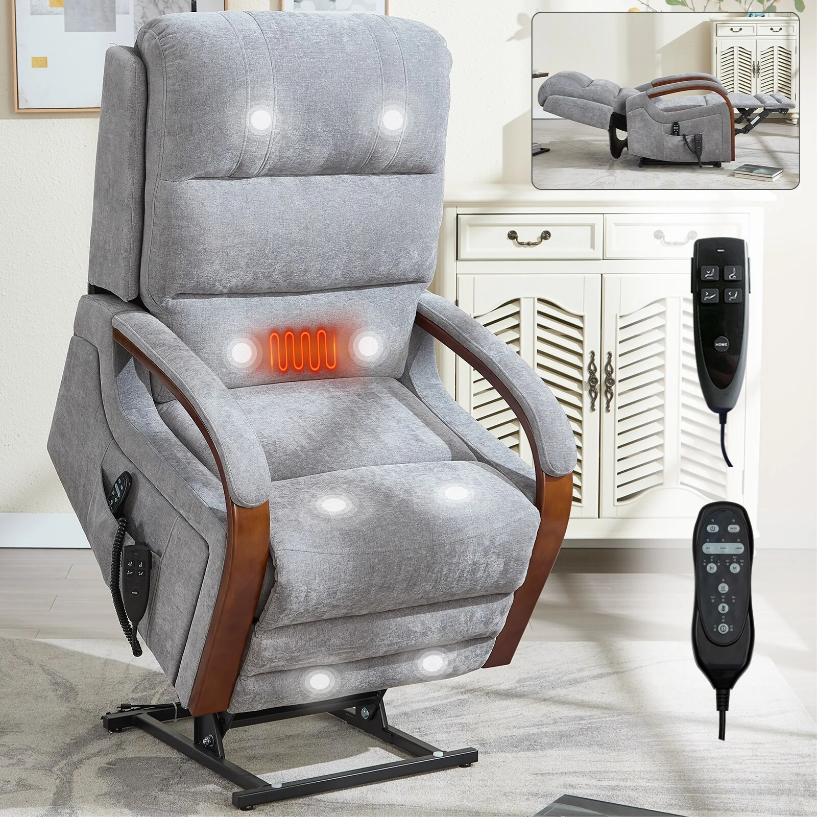 Electric Chenille Lift Recliner with Dual Motors, Infinite Recline Positions, Heat & 8-Point Massage, Solid Wood Armrests