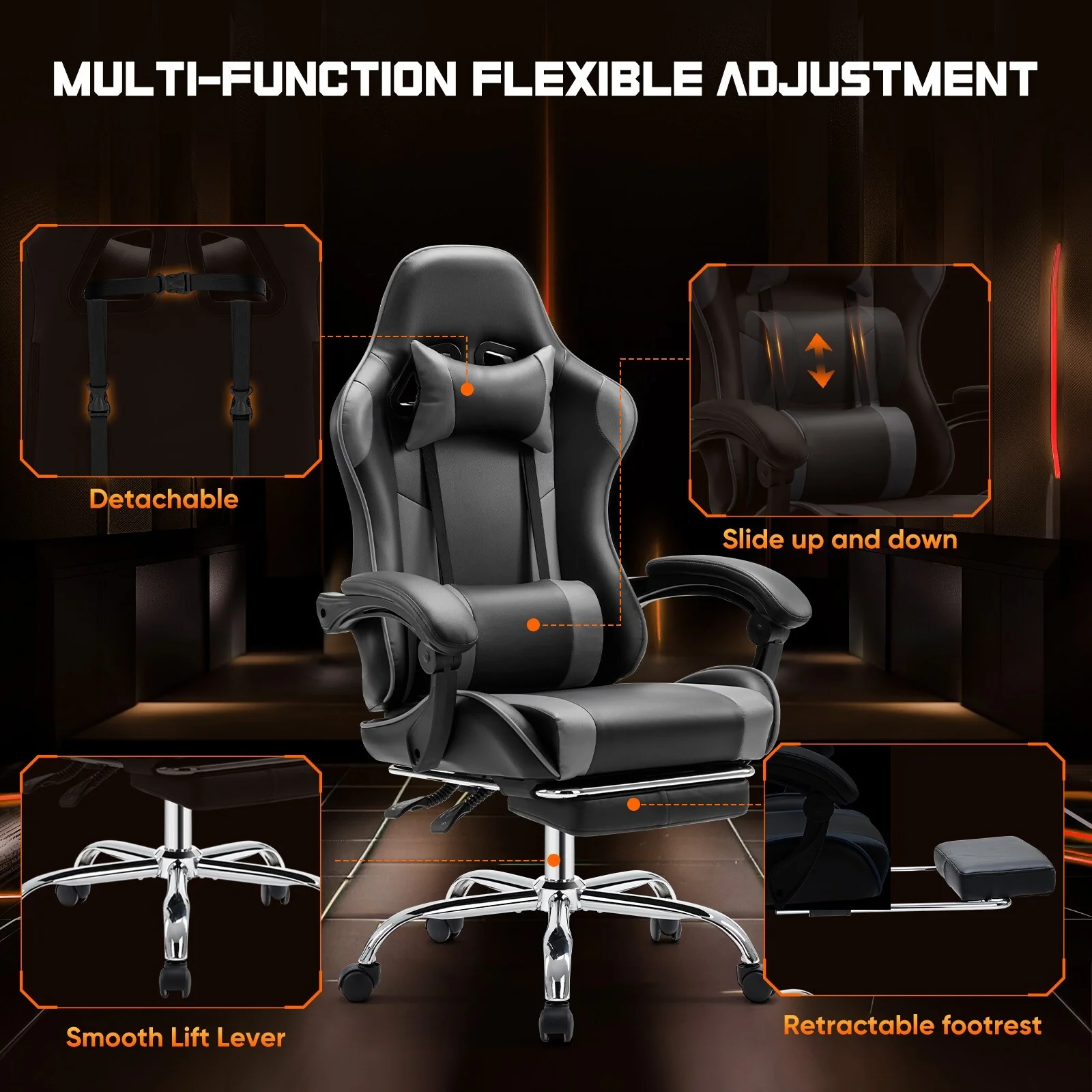 Black+ Gray Ergonomic PU Leather 360�� Swivel Gaming Recliner with Footrest, Headrest, Lumbar Support, Adjustable Height