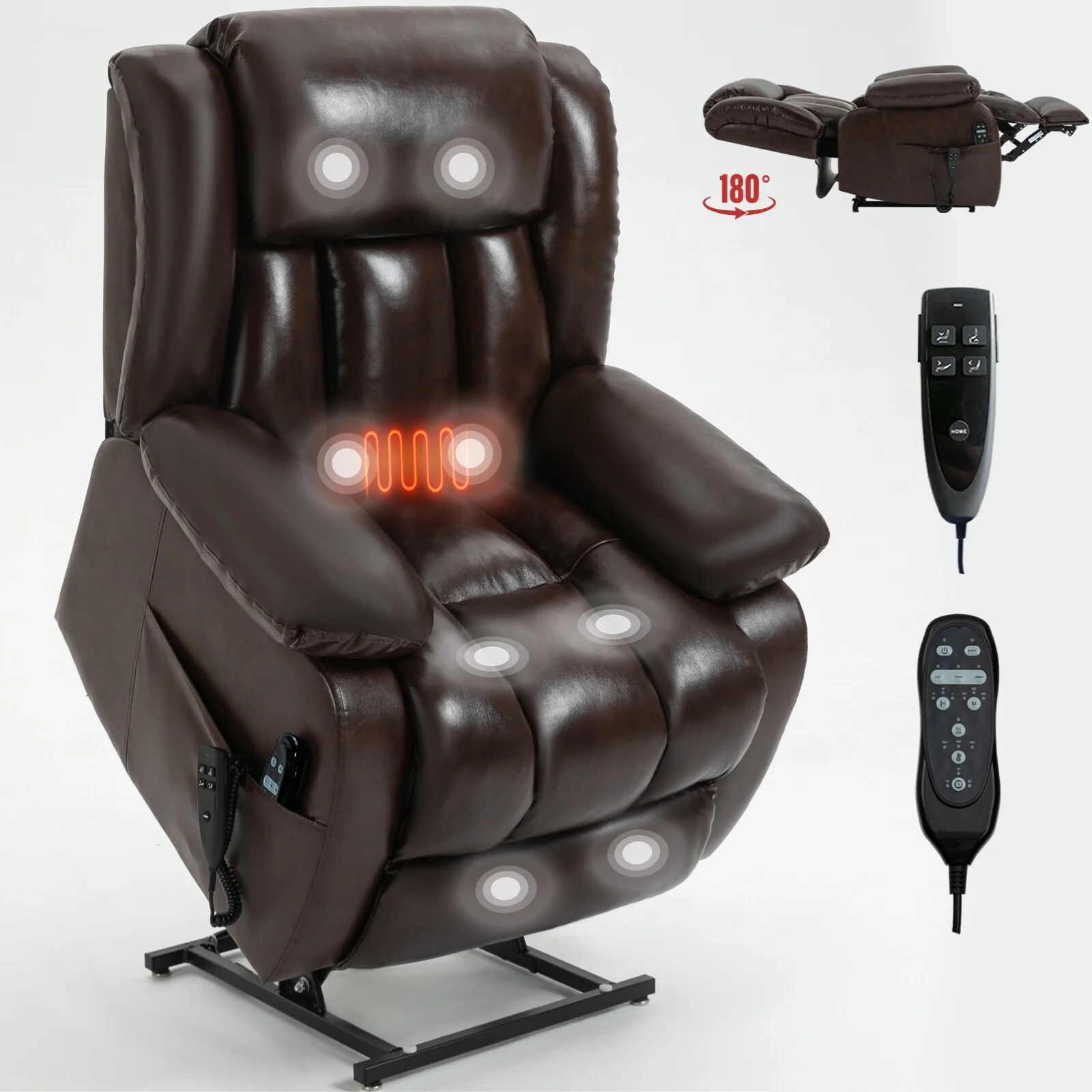 Brown Medium Electric Power Lift Recliner in Genuine Leather with Dual Motors, 8-Point Massage, Lumbar Heat