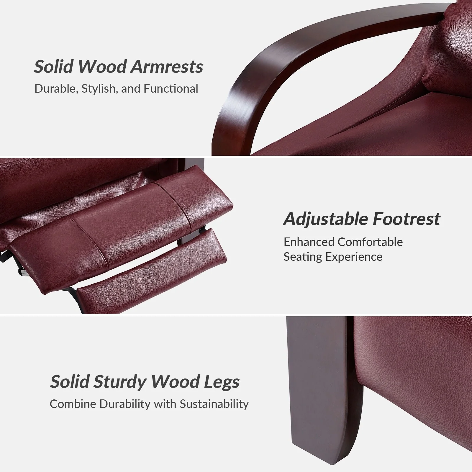 Alex Mid-century Modern Cigar Genuine Leather Manual Recliner with Wooden Curved Arms, Set of 2