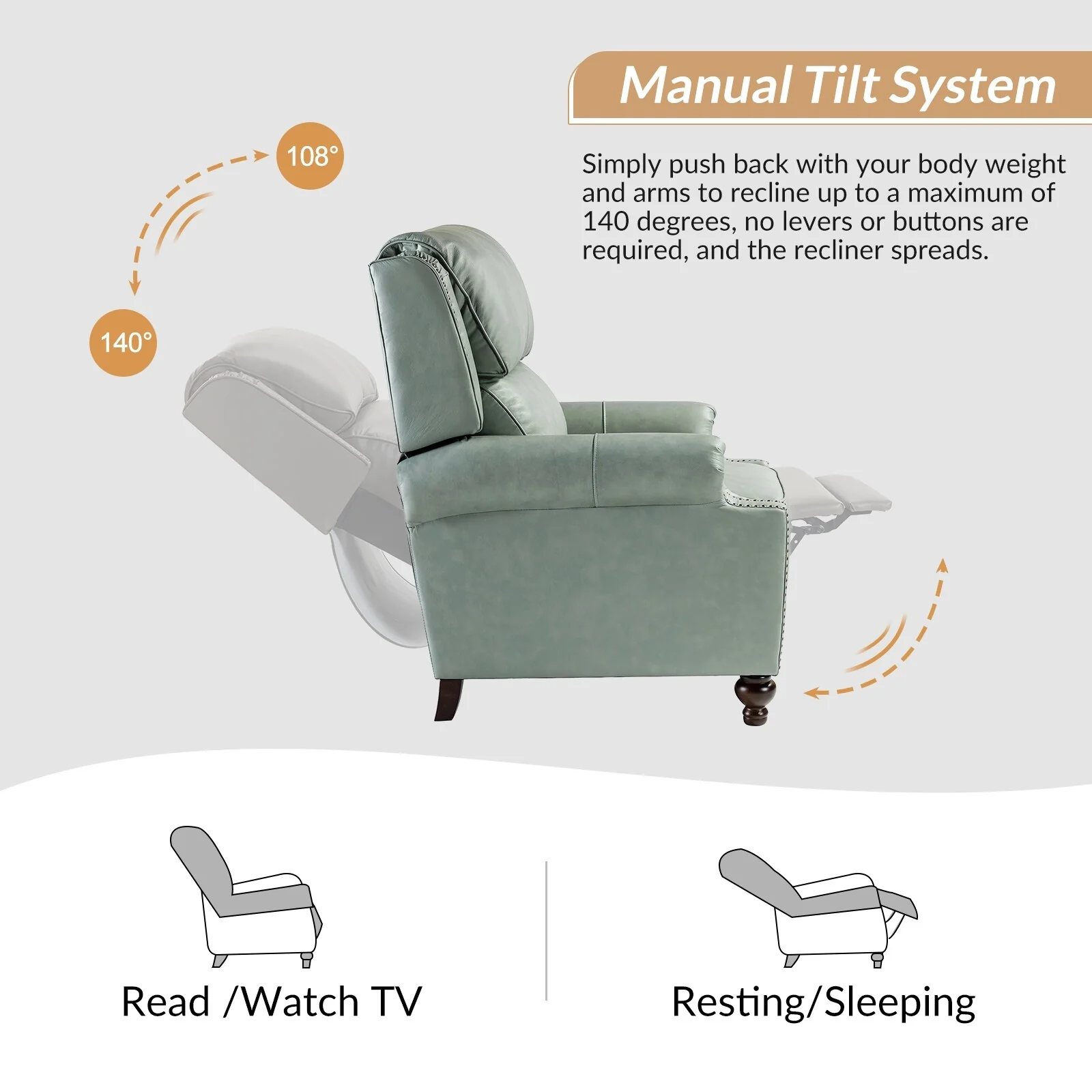 Gabriela Mid-Century Modern Genuine Leather Recliner with Tapered Block Feet by HULALA HOME