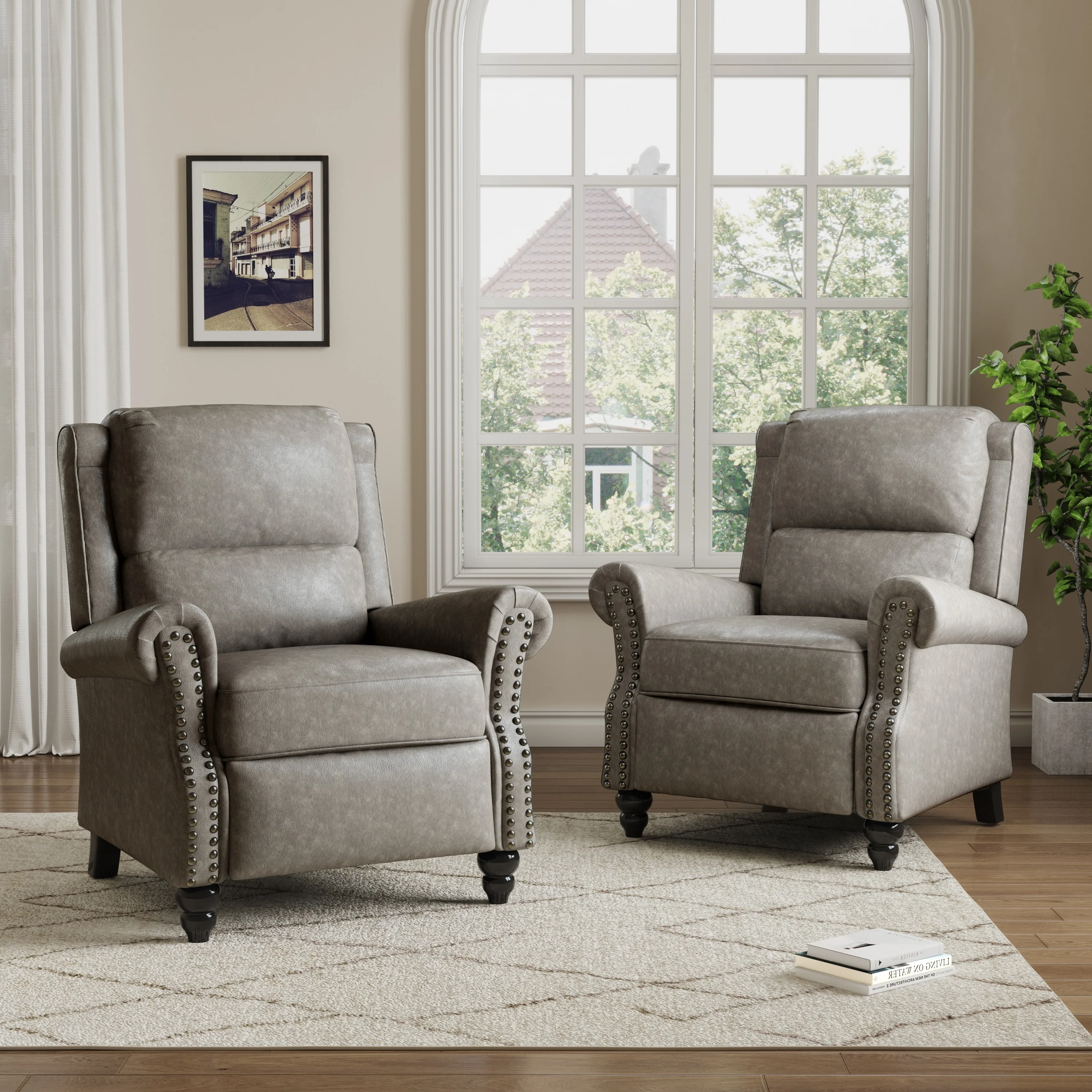2 Set Manual Pushback Recliner Chair with Nailhead Trim