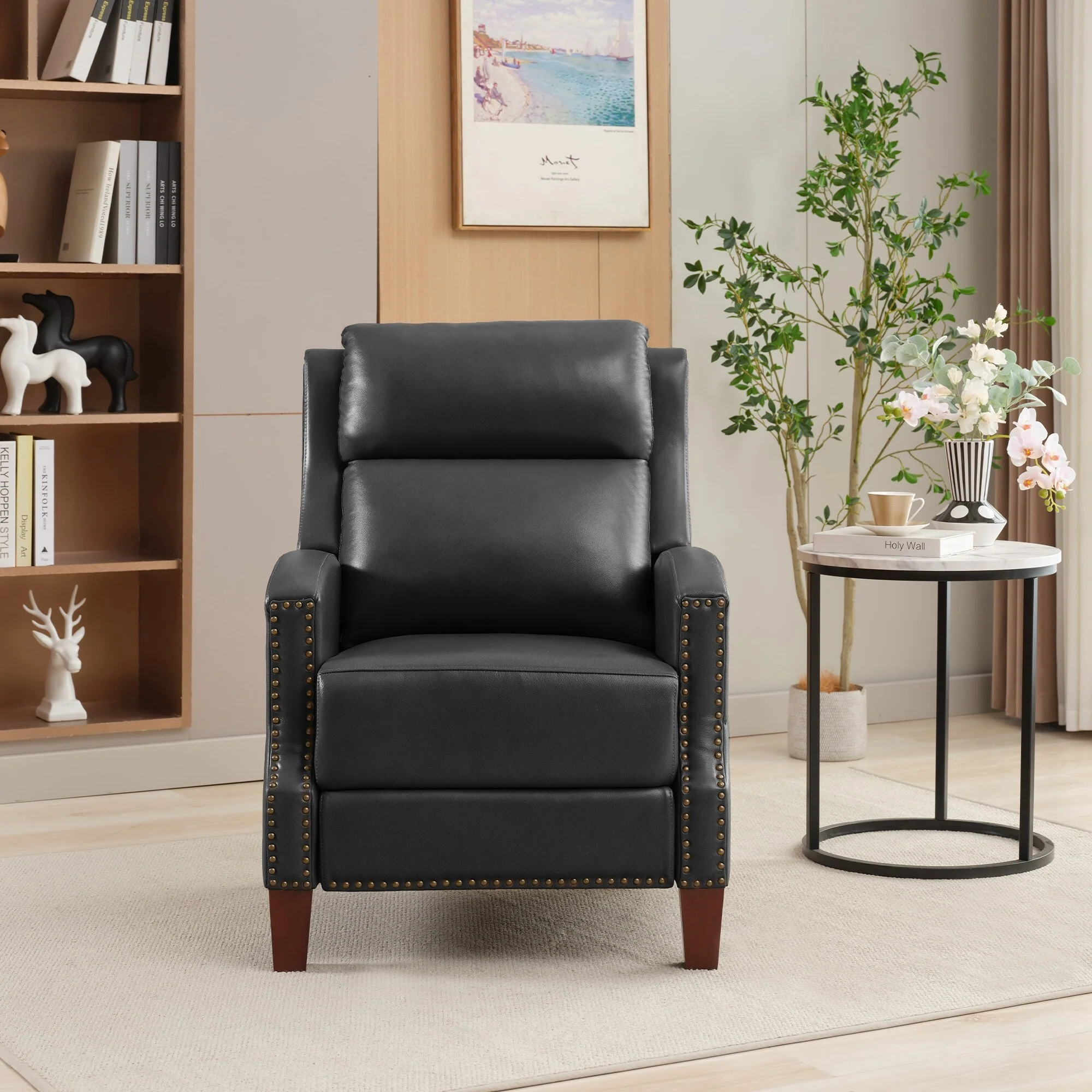 Genuine Leather Pushback Recliner with Multi-Angle Seat Back and Solid Wood Legs