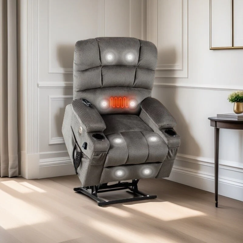 Dual Motor Power Lift Recliner Chair with Massage, Lumbar Heating, 8-Point Vibration, and Dual Cup Holders