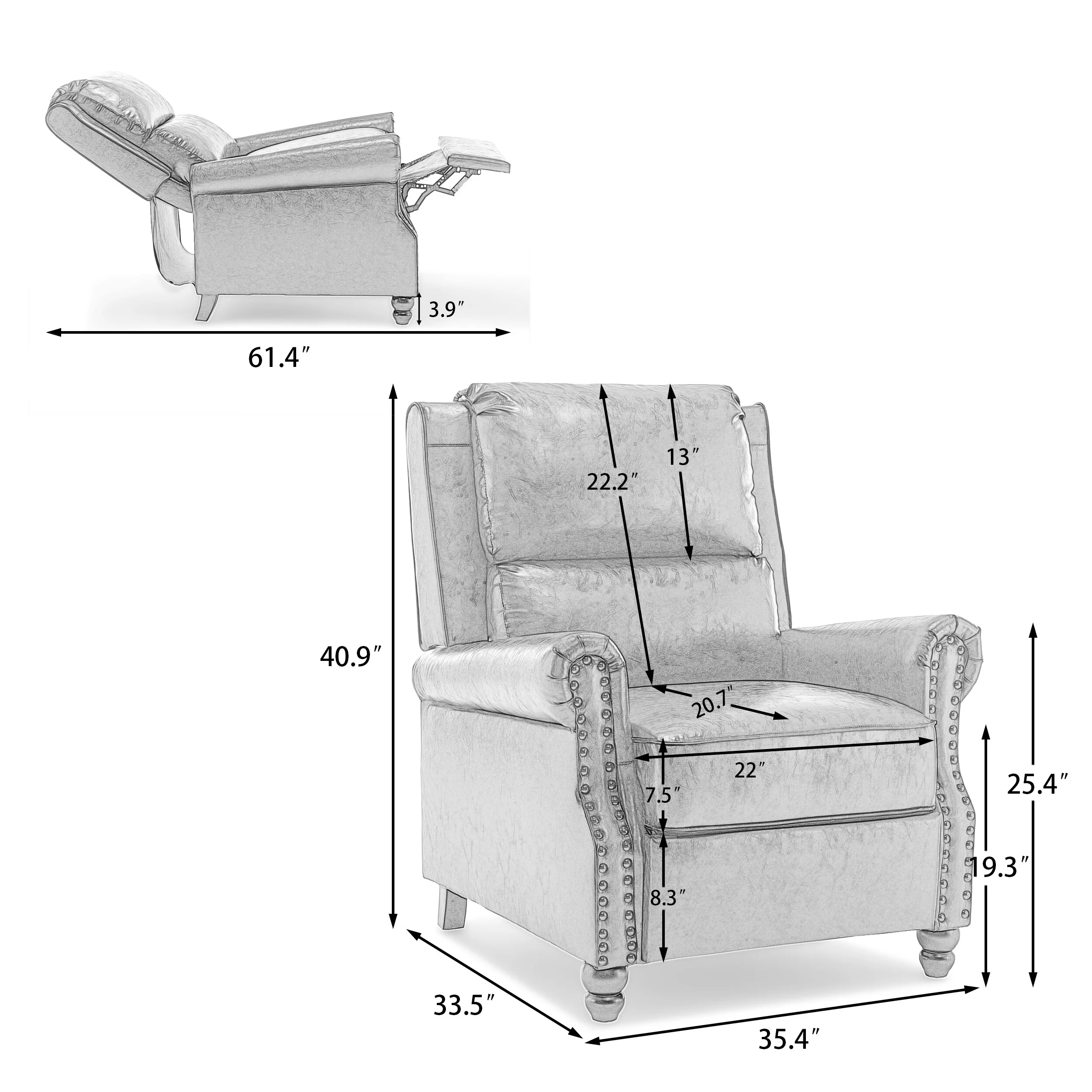 2 Set Manual Pushback Recliner Chair with Nailhead Trim