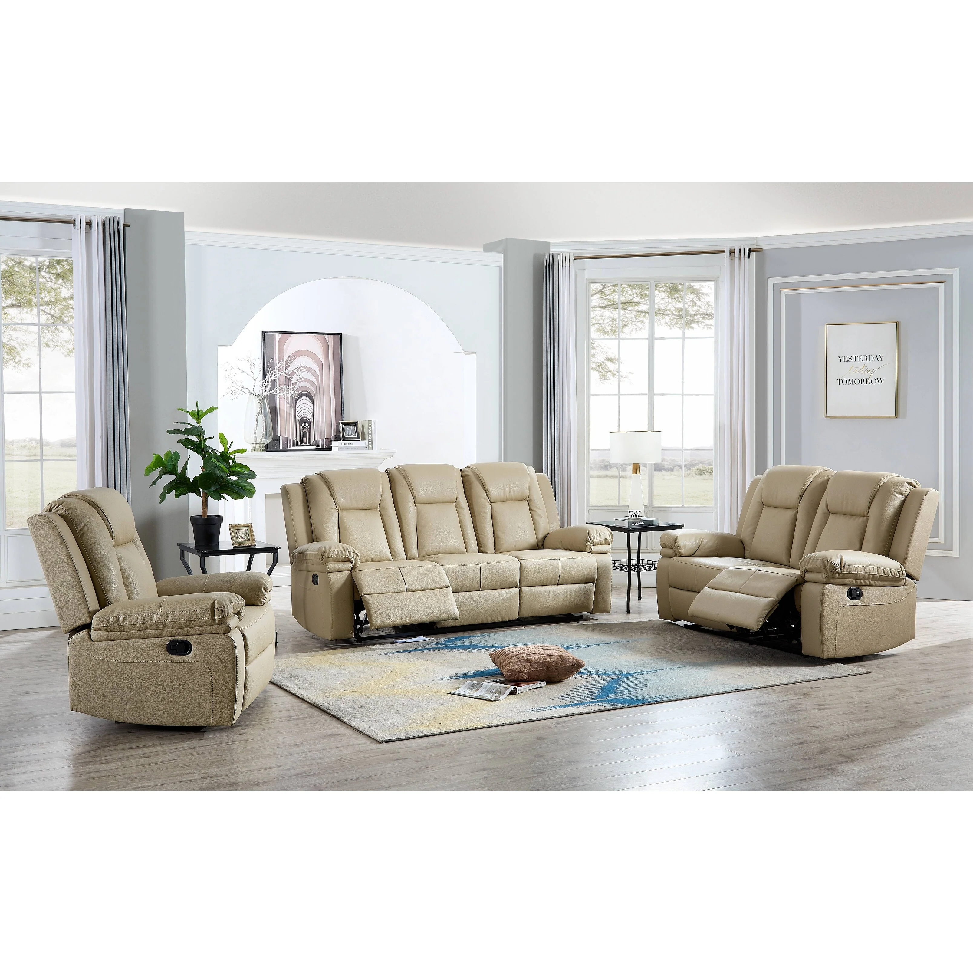 3-PC Bonded Leather Reclining Sofa Loveseat and Chair Living Room Set