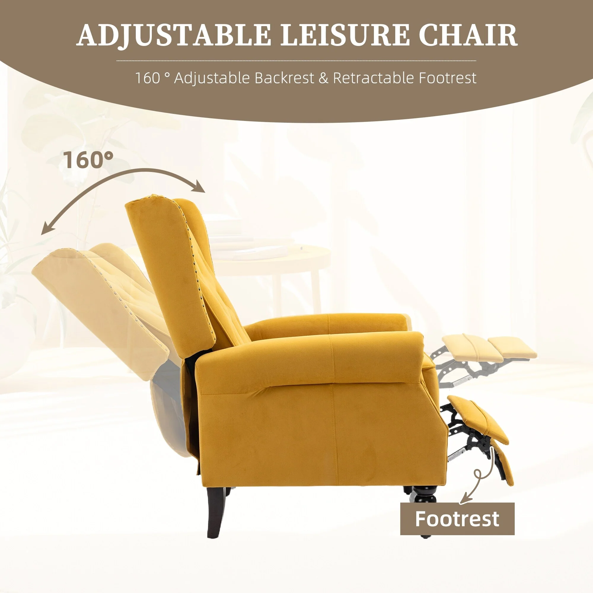 Velvet Upholstered Nailhead Tufted Recliner Chair with Black Legs