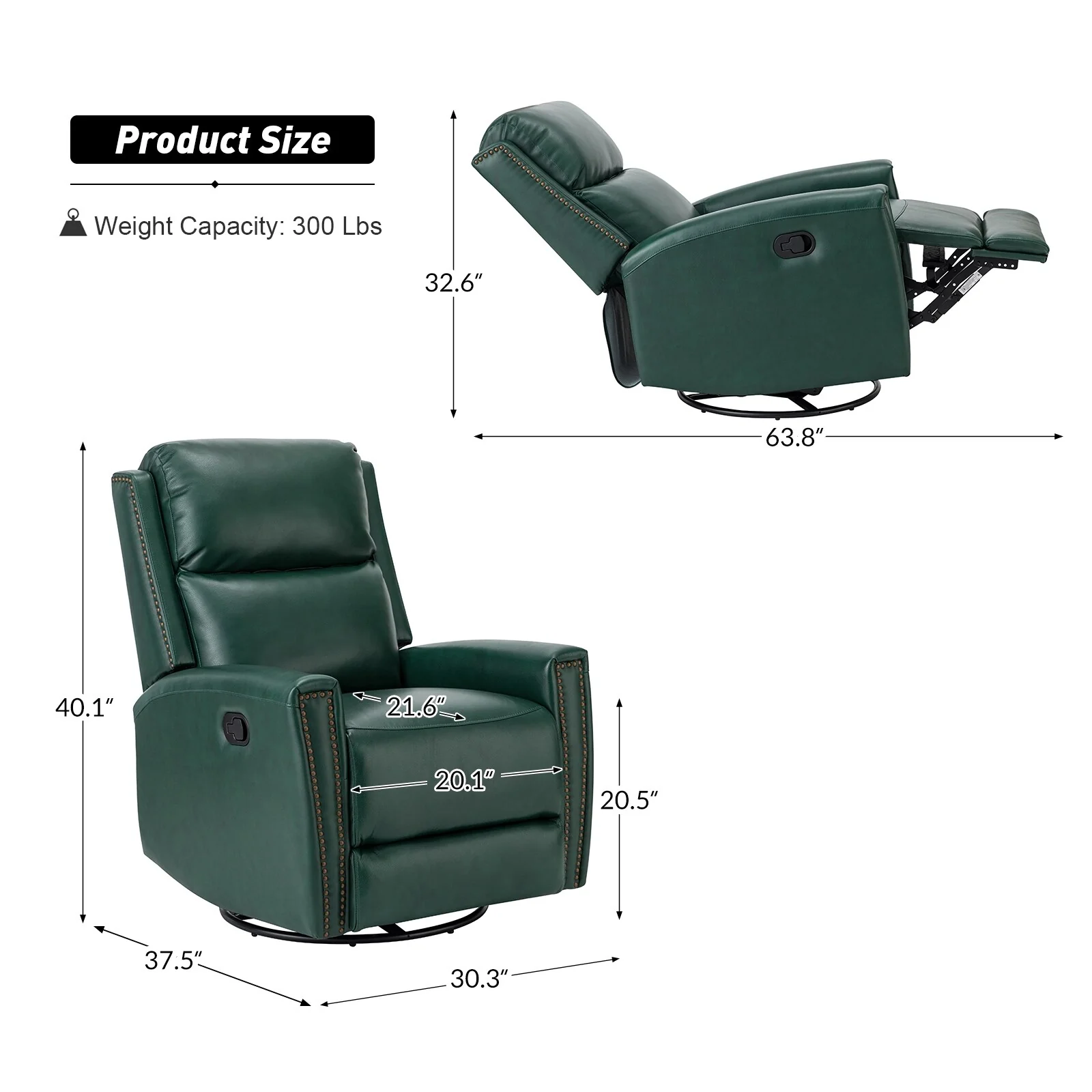 Fiacro 30.31Wide Modern Genuine Leather Wingback Swivel Rocker Recliner with Nailhead Trims