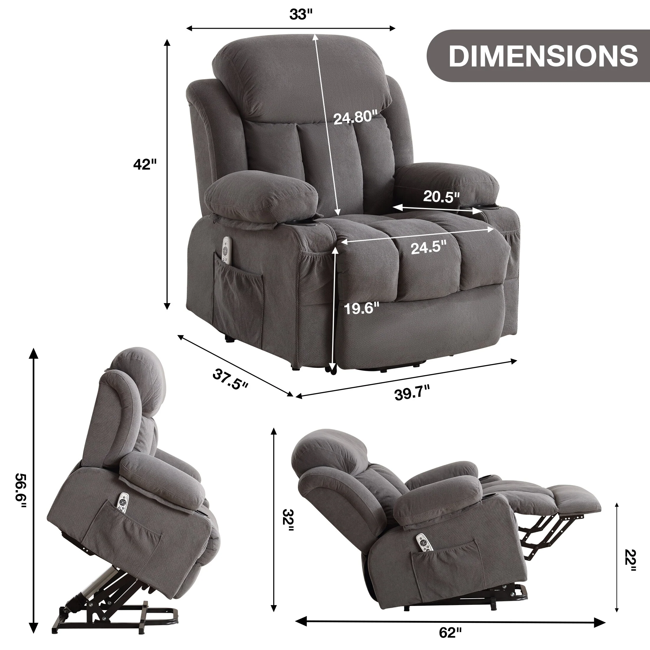 Beige Ergonomic Lift Recliner with Heated Massage, USB Charging, Side Pockets, and Easy Remote Control