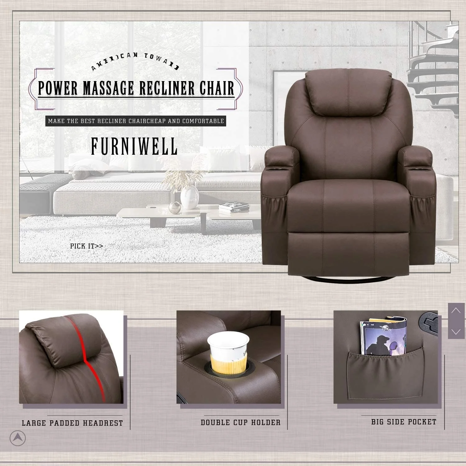 Furniwell Rotary Massage Heated Function Recliner PU Leather Whirl