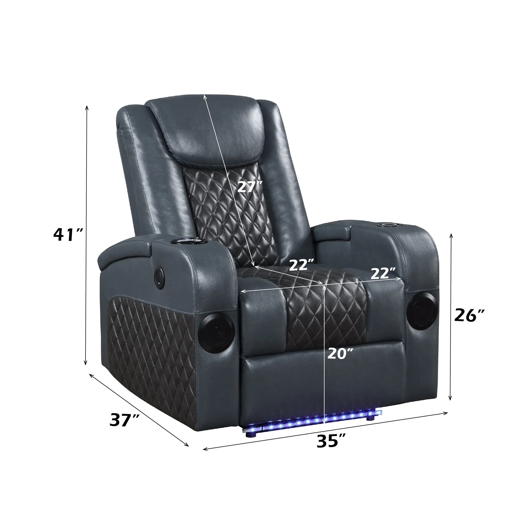 Alair Blue & Black Leather Aire Power Motion Recliner W/Bluetooth, Wireless Charger & Cupholder