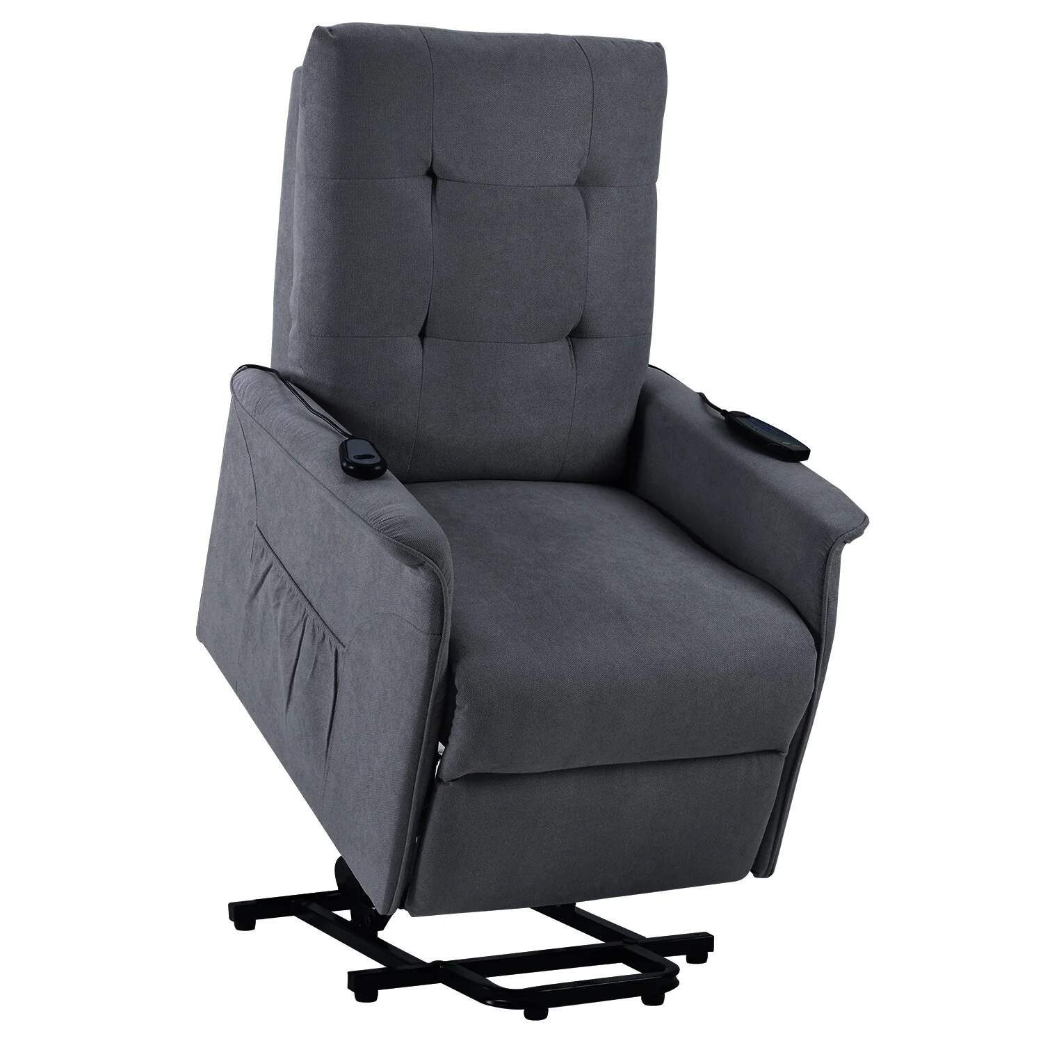 Grey Elderly Lift Recliner with Adjustable Massage, Overstuffed Cushioning, Remote Control, and Convenient Side Pockets