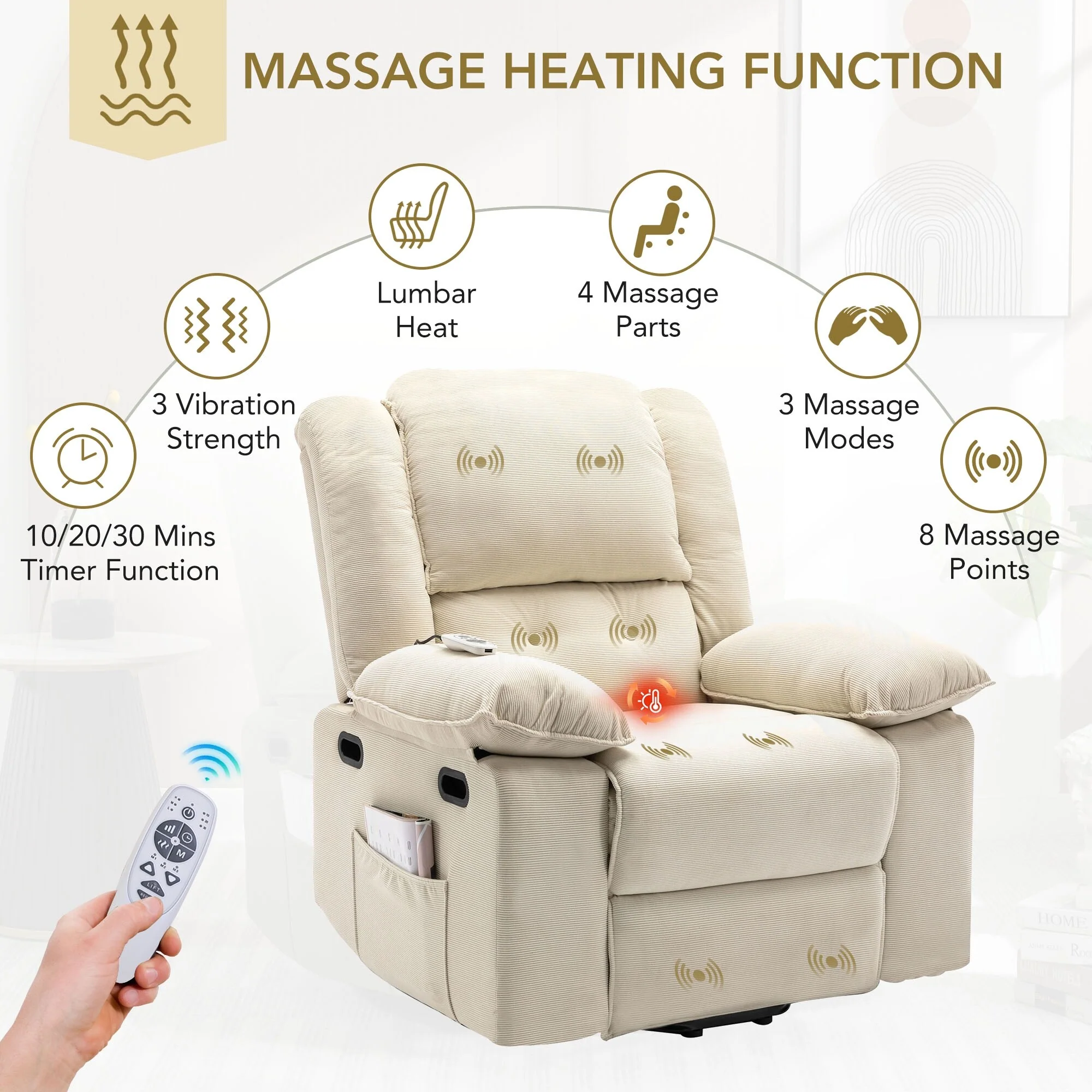 Beige Power Lift Recliner with Massage, Heating, Infinite Recline, Side Pockets, and Retractable Armrests