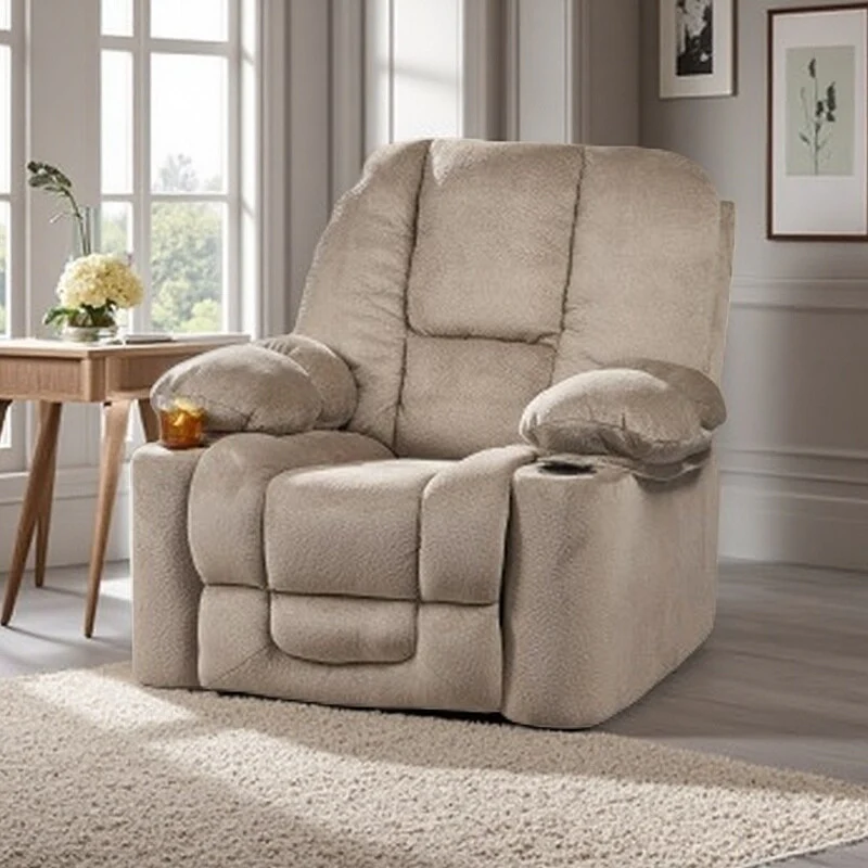 Stylish Manual Recliner with Soft Fabric Upholstery, Plush Padding, and Dual Cup Holders