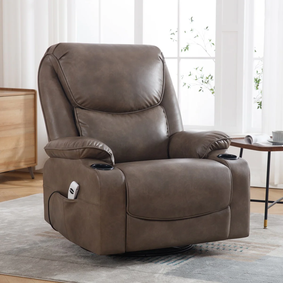 HOMYKA 34.2'' Wide Faux Leather Swivel Rocking Power Recliner Chair With USB Port