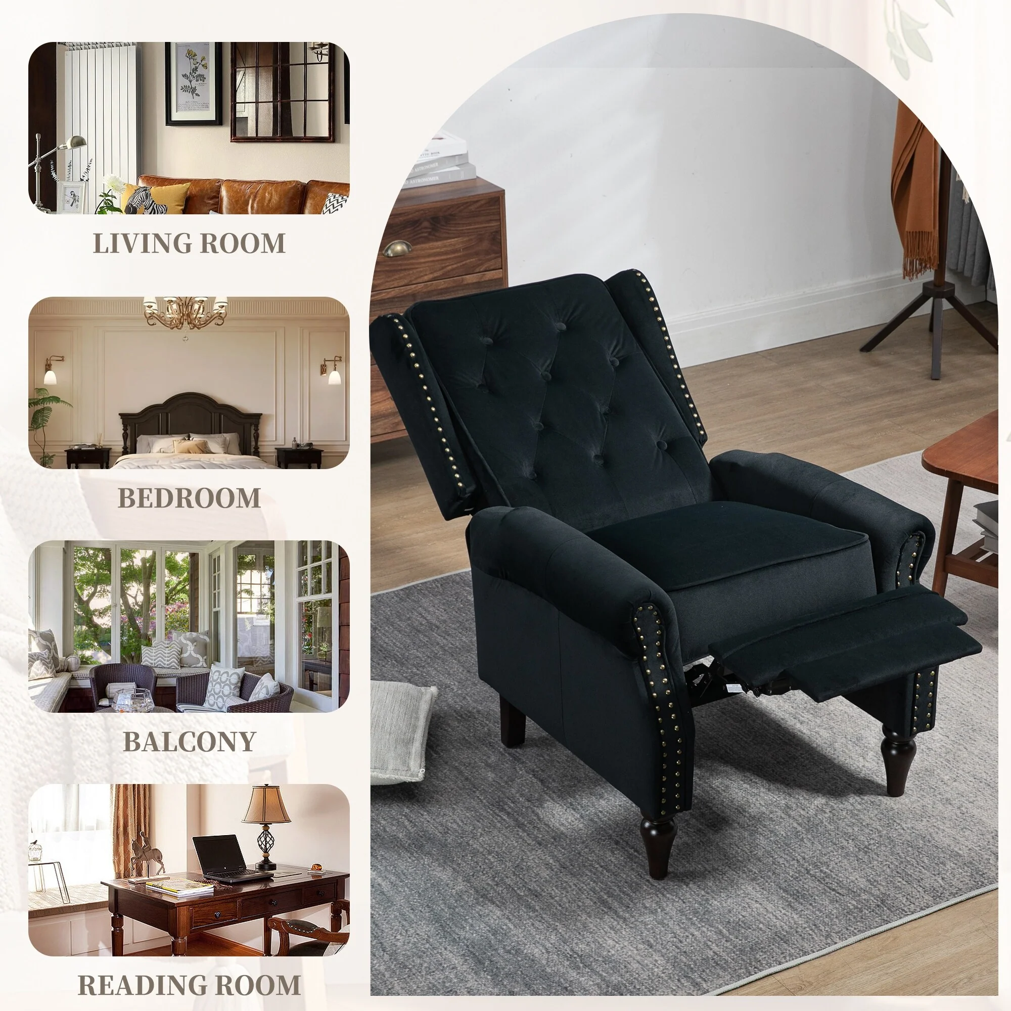 Velvet Upholstered Nailhead Tufted Recliner Chair with Black Legs