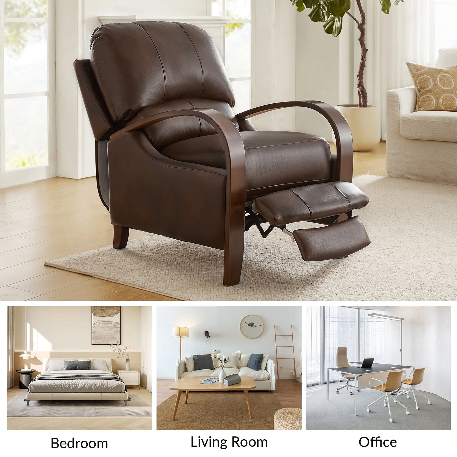 Alex Mid-century Modern Cigar Genuine Leather Manual Recliner with Wooden Curved Arms, Set of 2