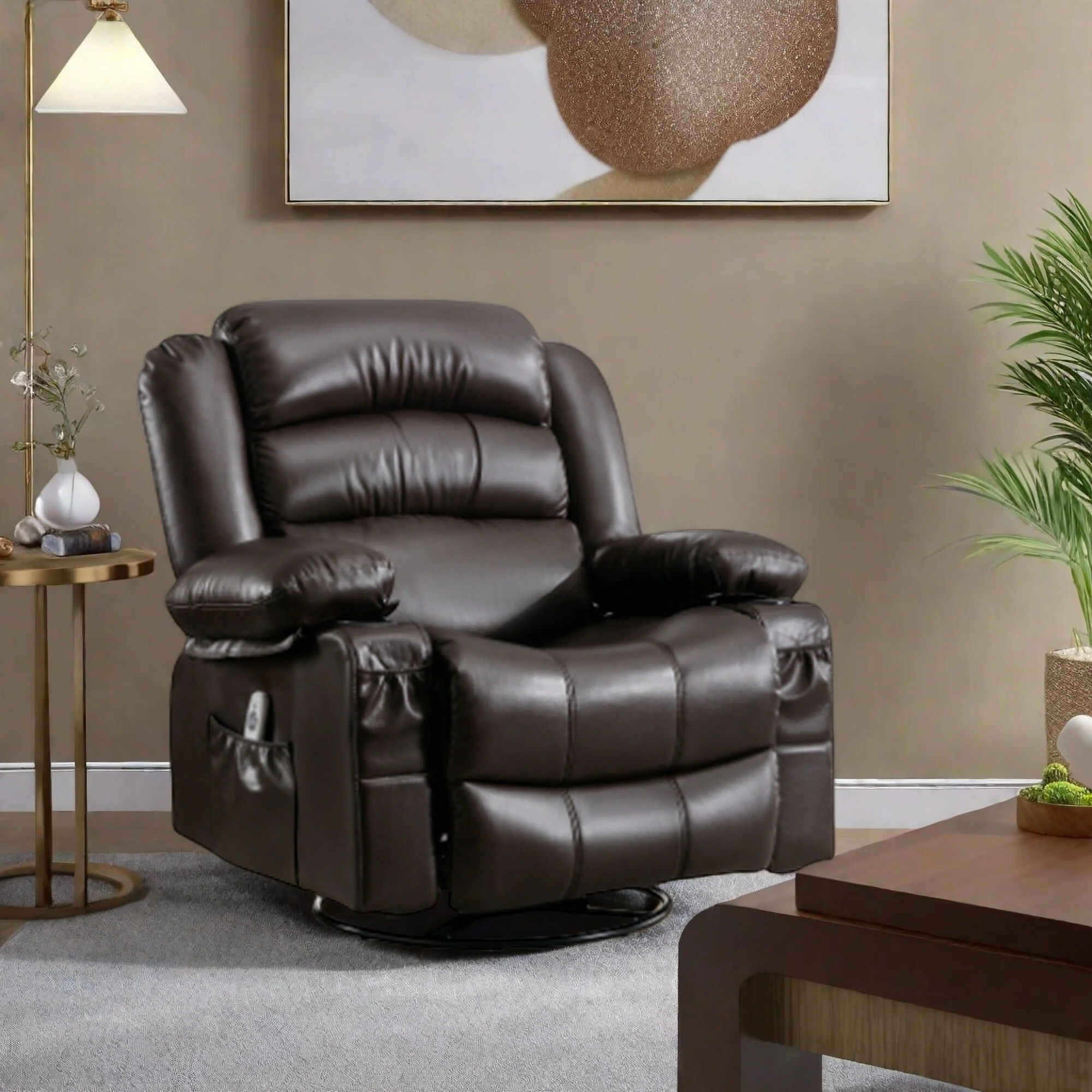 Manual Reclining PU Leather Massage Chair with Heat, 360�� Swivel, Rocking, and Large Storage Pockets