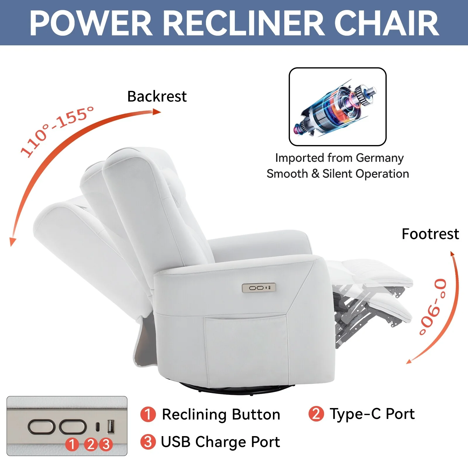 Swivel and Rocker Power Recliner Chair with Lumbar