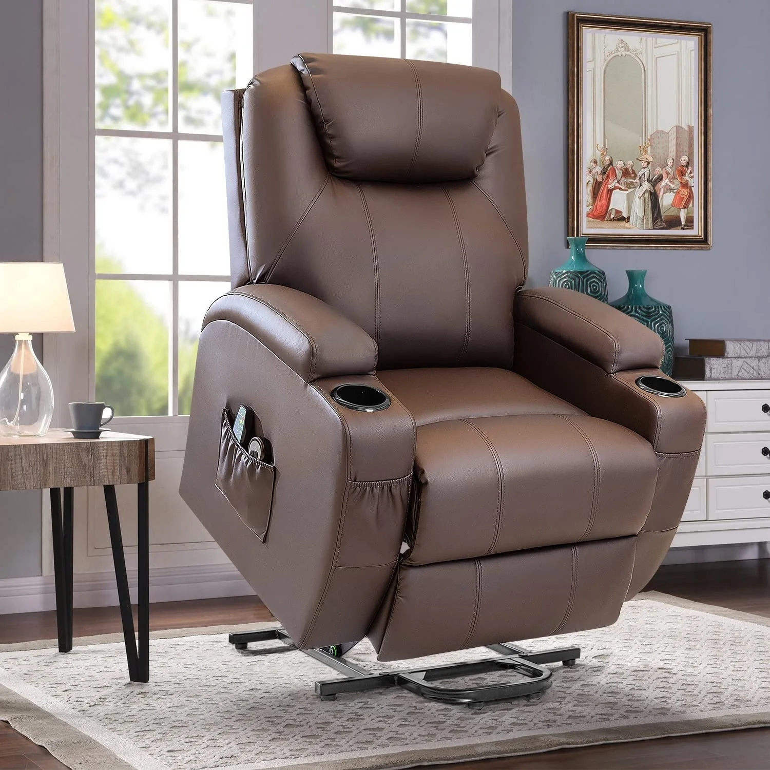 Furniwell Power Lift PU Leather Recliner with Massage and Heating