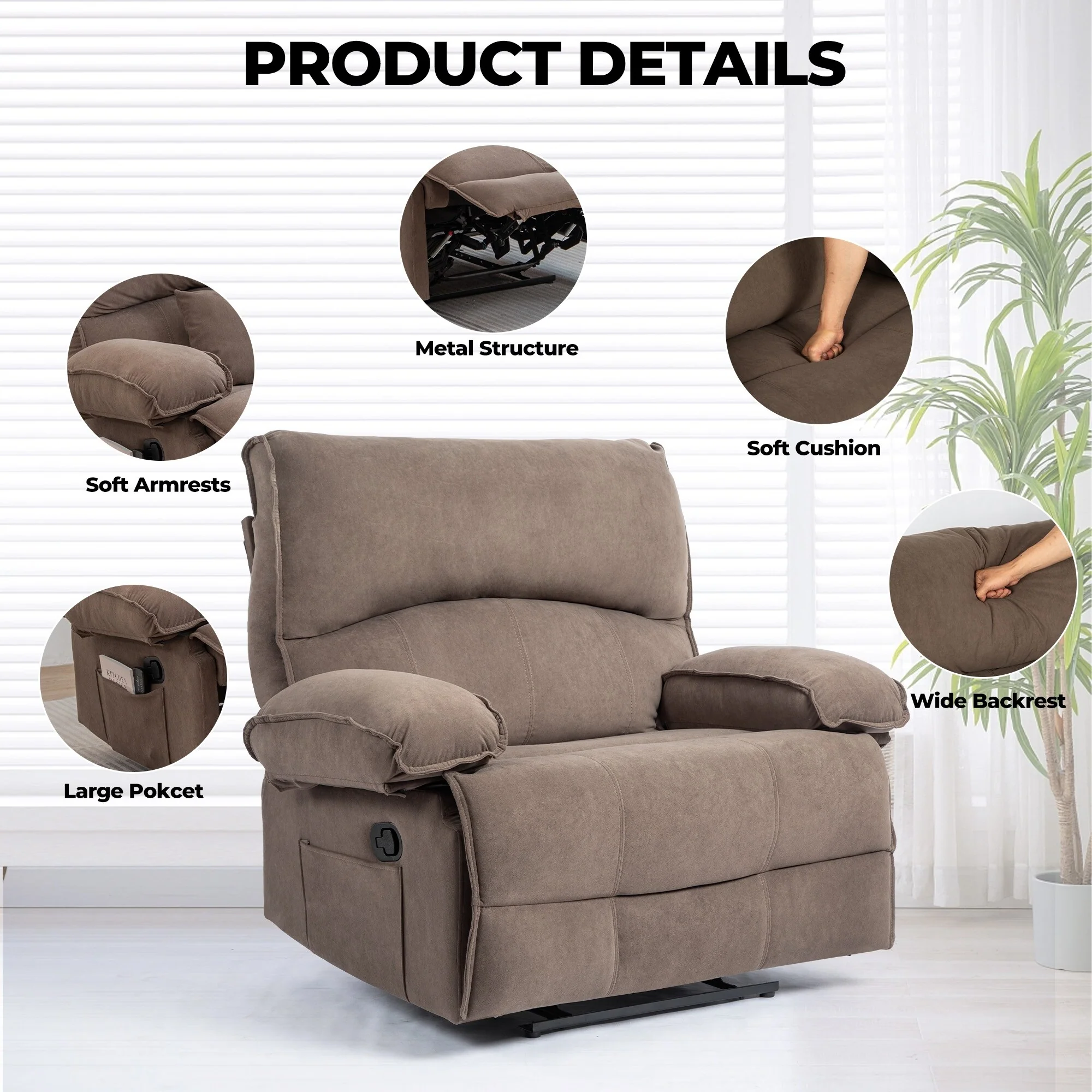 Grey Spacious Push-Back Recliner Sofa Chari with Super Soft Fleece Upholstery and Heated Massage Pillow