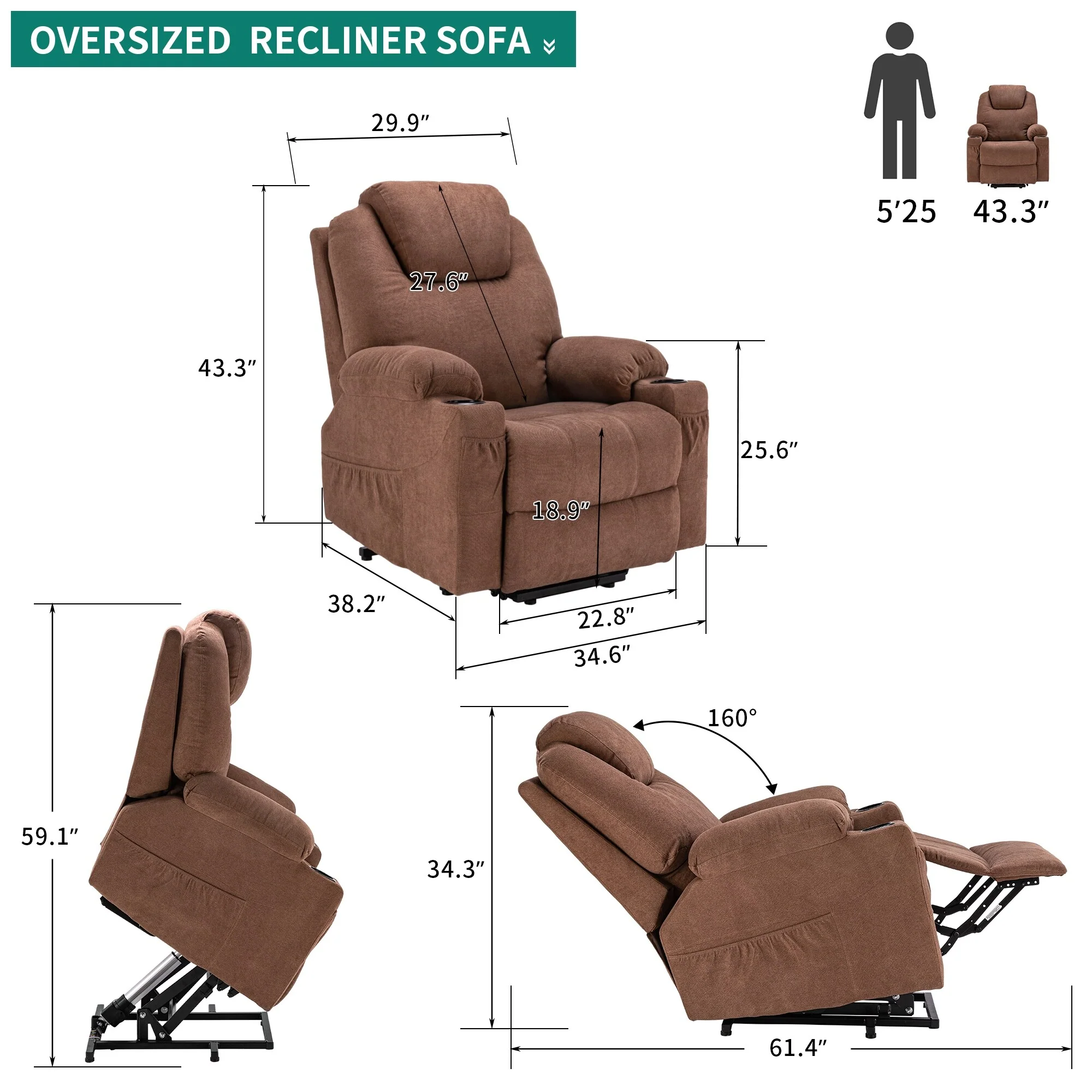Modern Off White Reclining Chair Faux Leather/Fabric Massage