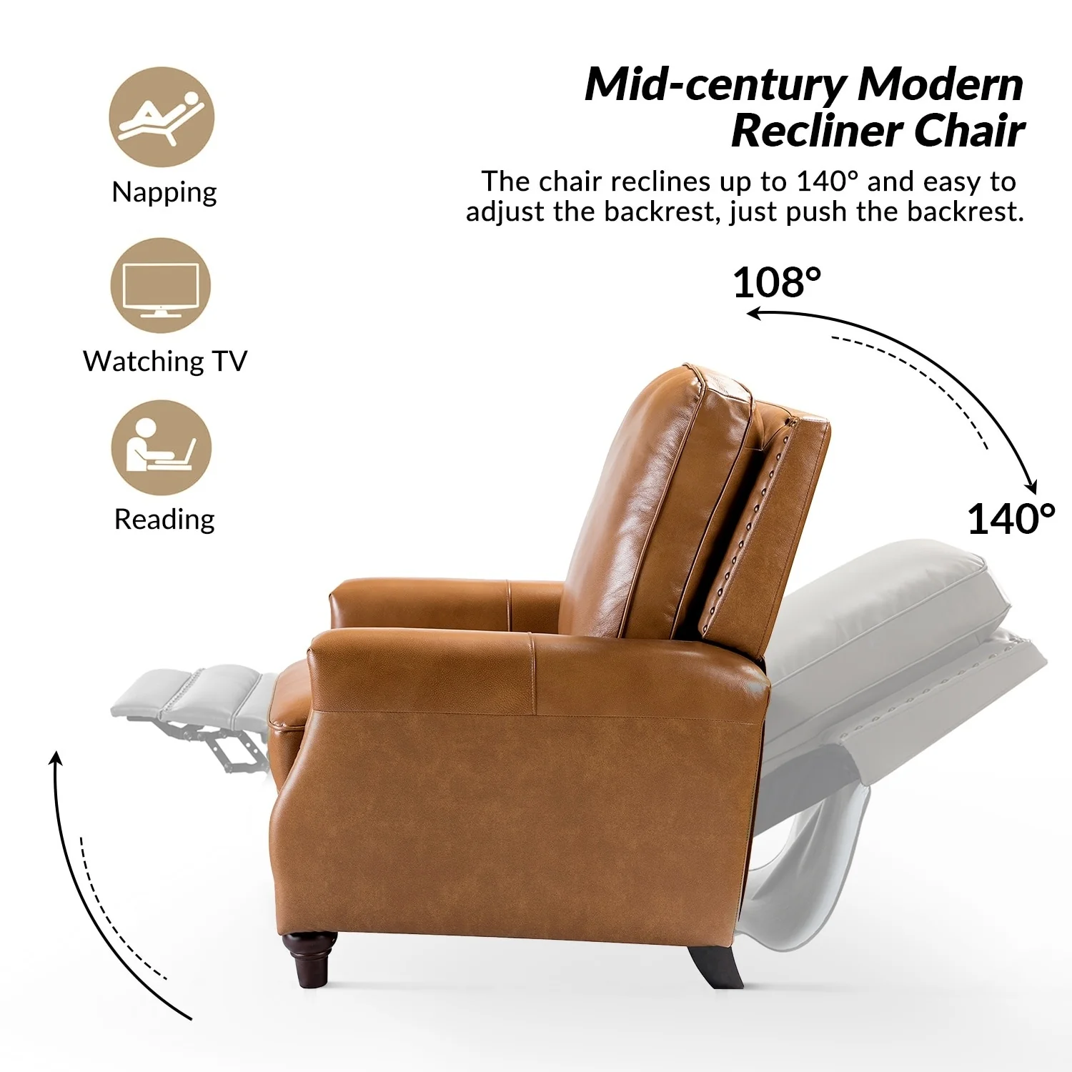 Cigar Mid-century Modern Genuine Leather Recliner with Nailhead Trim by HULALA HOME
