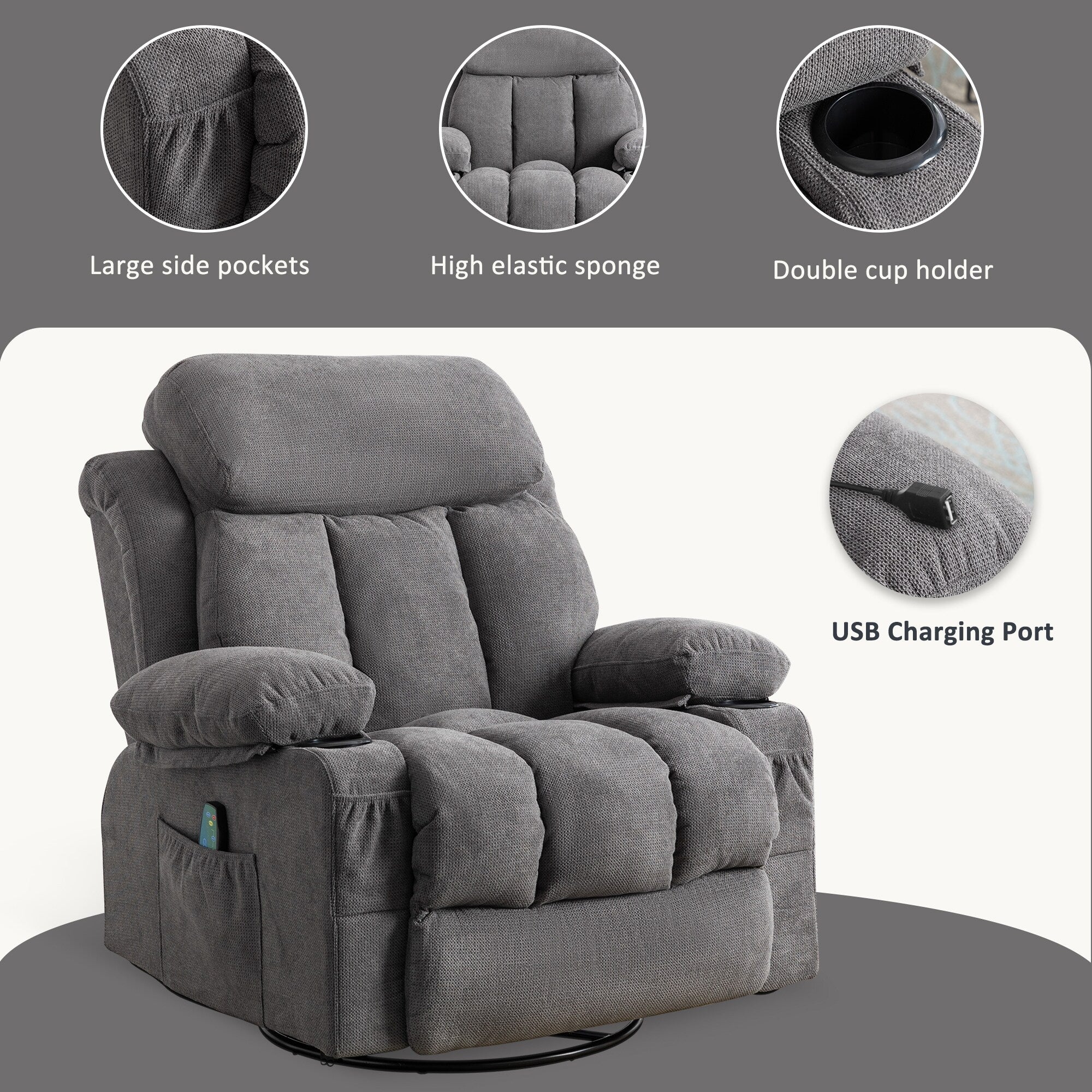 Beige 360�� Swivel Recliner with Massage, Heat, USB Charging, Dual Cup Holders, and Spacious Side Pockets