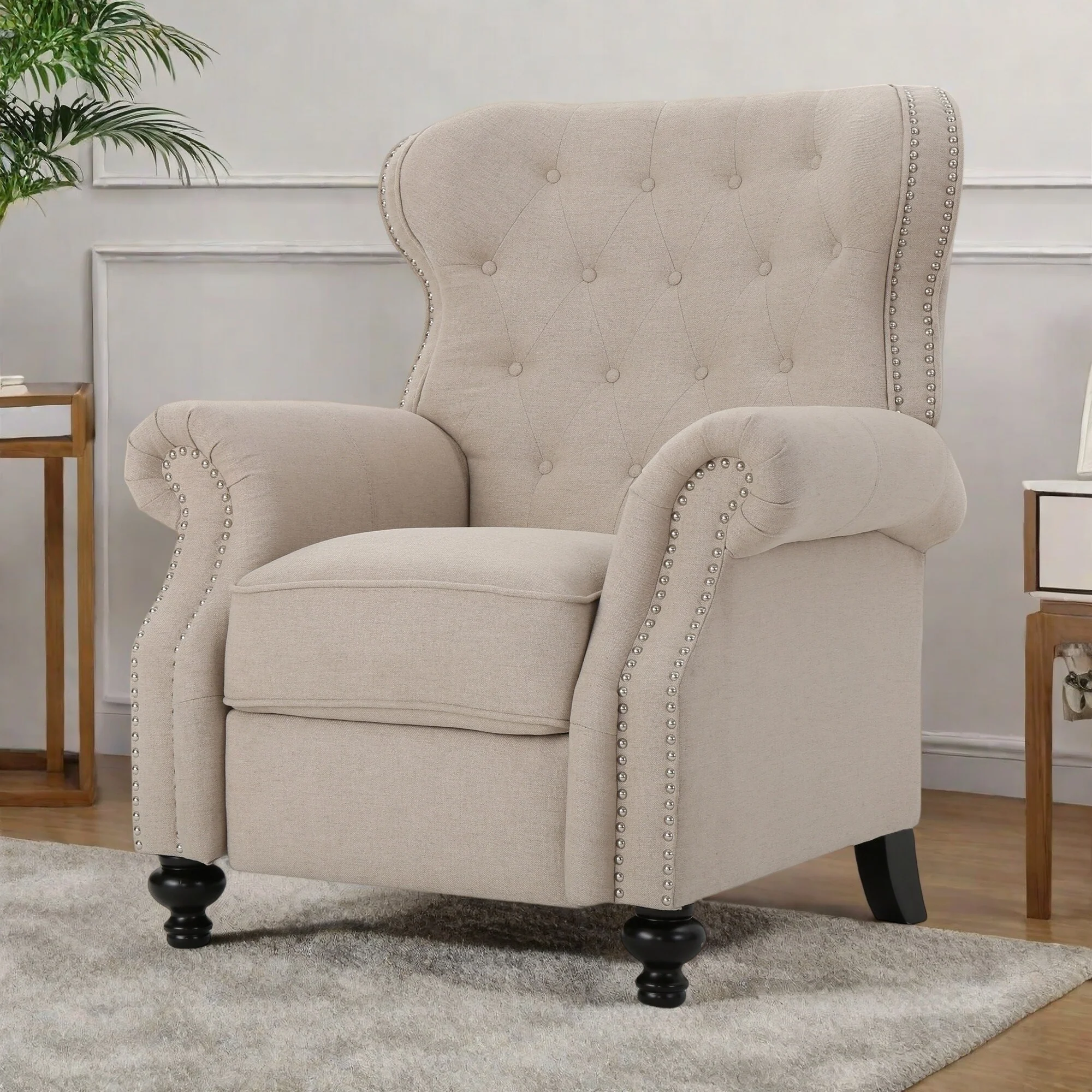 Tufted?Recliner?Chair?-?Diamond?Stitch?Backrest,?Nailhead?Trim?and?Rolled?Arms?