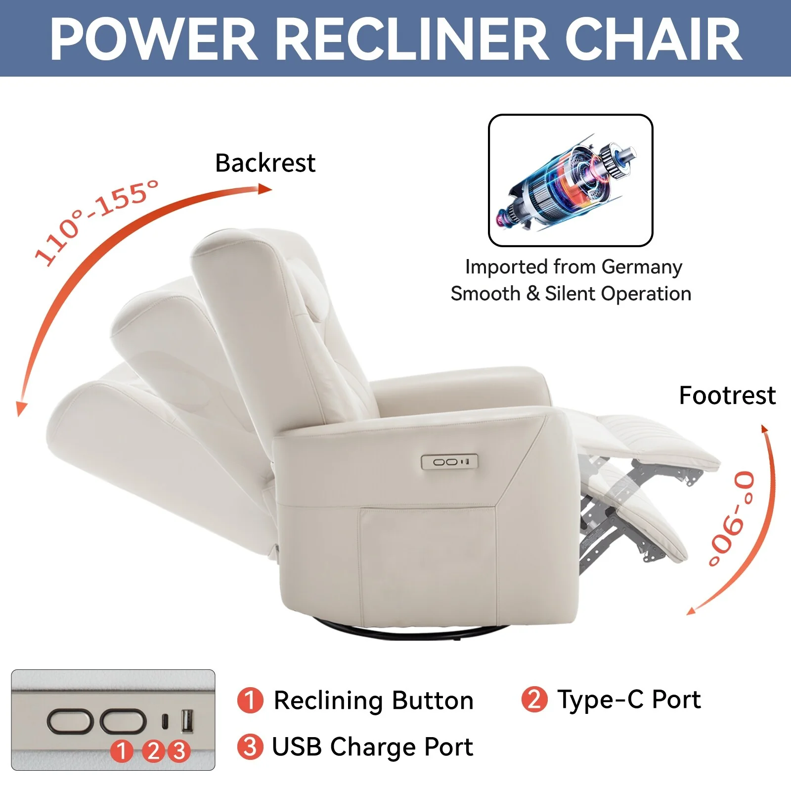 Swivel and Rocker Power Recliner Chair with Lumbar