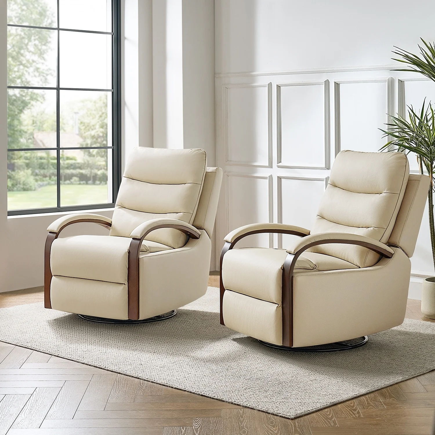 Leopold Genuine Leather Swivel Rocking Manual Recliner Chair with Wooden Arm Accents Set of 2 by HULALA HOME