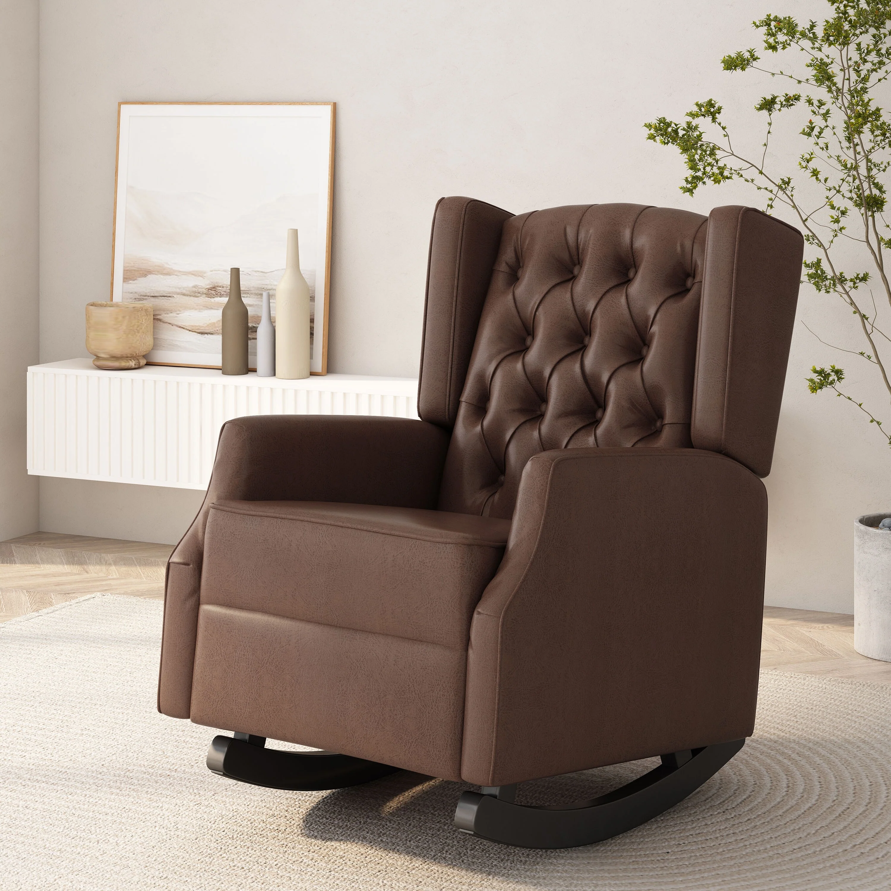 Roomfitters Faux Leather Rocking Chair with Button Tufting and Wingback Design, Upholstered Accent Nursery Chair