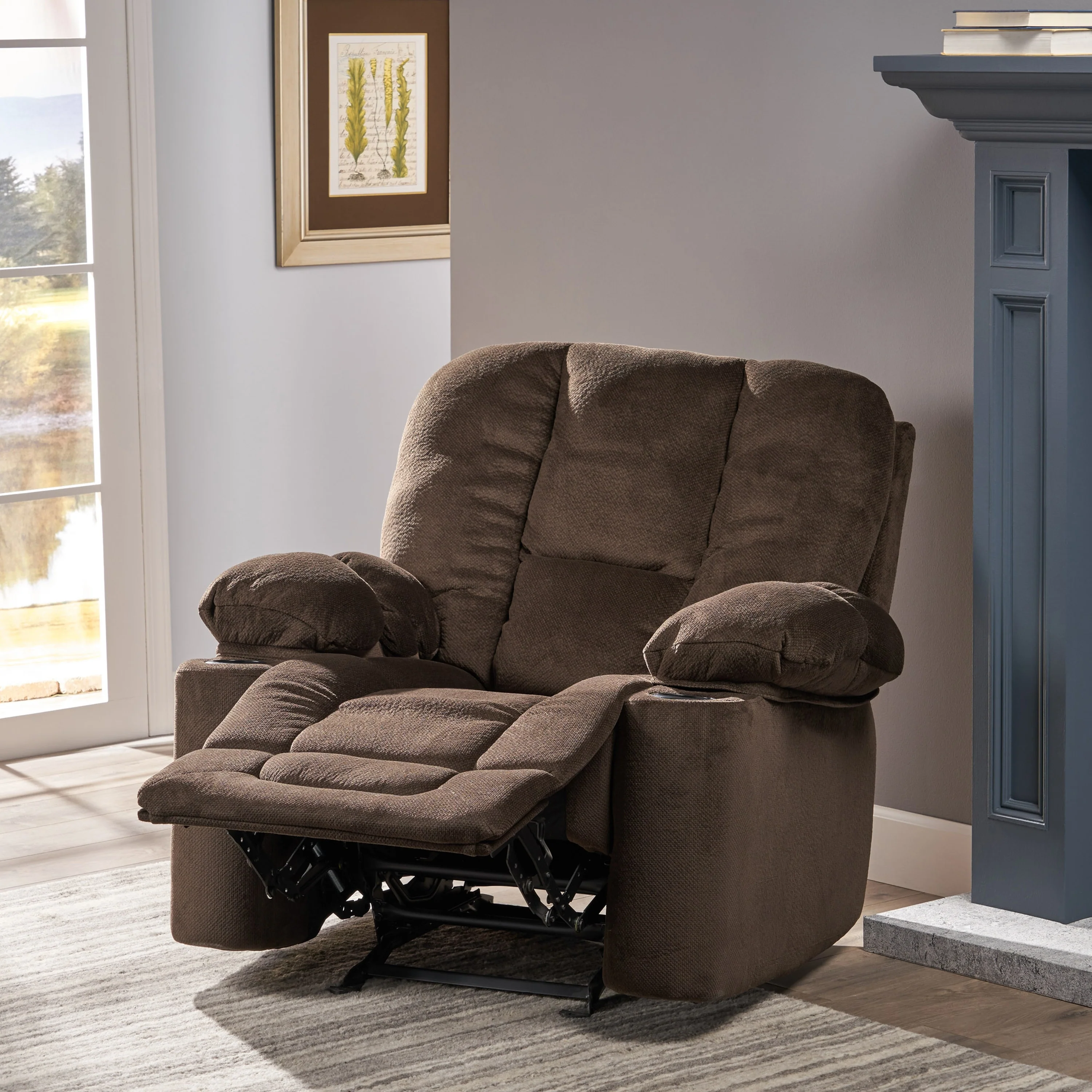 Stylish Manual Recliner with Soft Fabric Upholstery, Plush Padding, and Dual Cup Holders