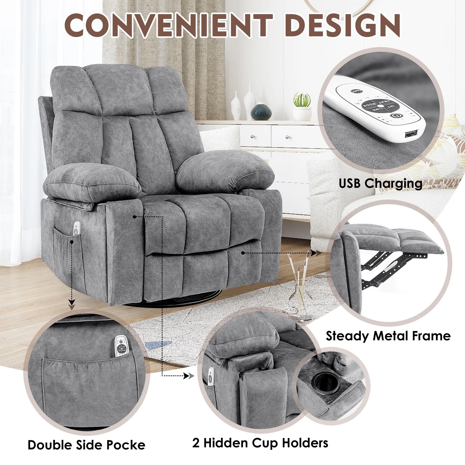 Velvet Massage Recliner Chair with Heat, 360�� Swivel Rocker & USB