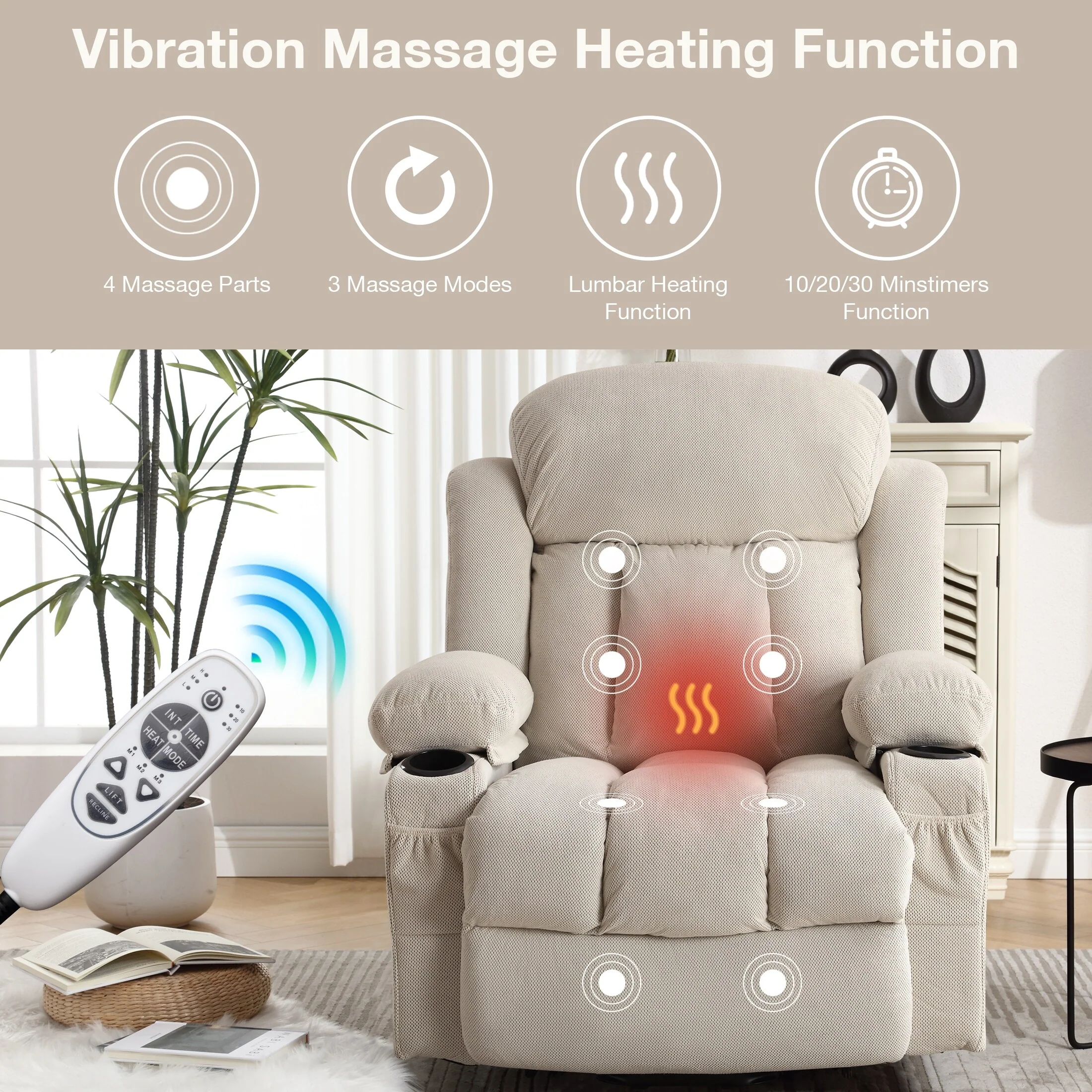 Beige Ergonomic Lift Recliner with Heated Massage, USB Charging, Side Pockets, and Easy Remote Control