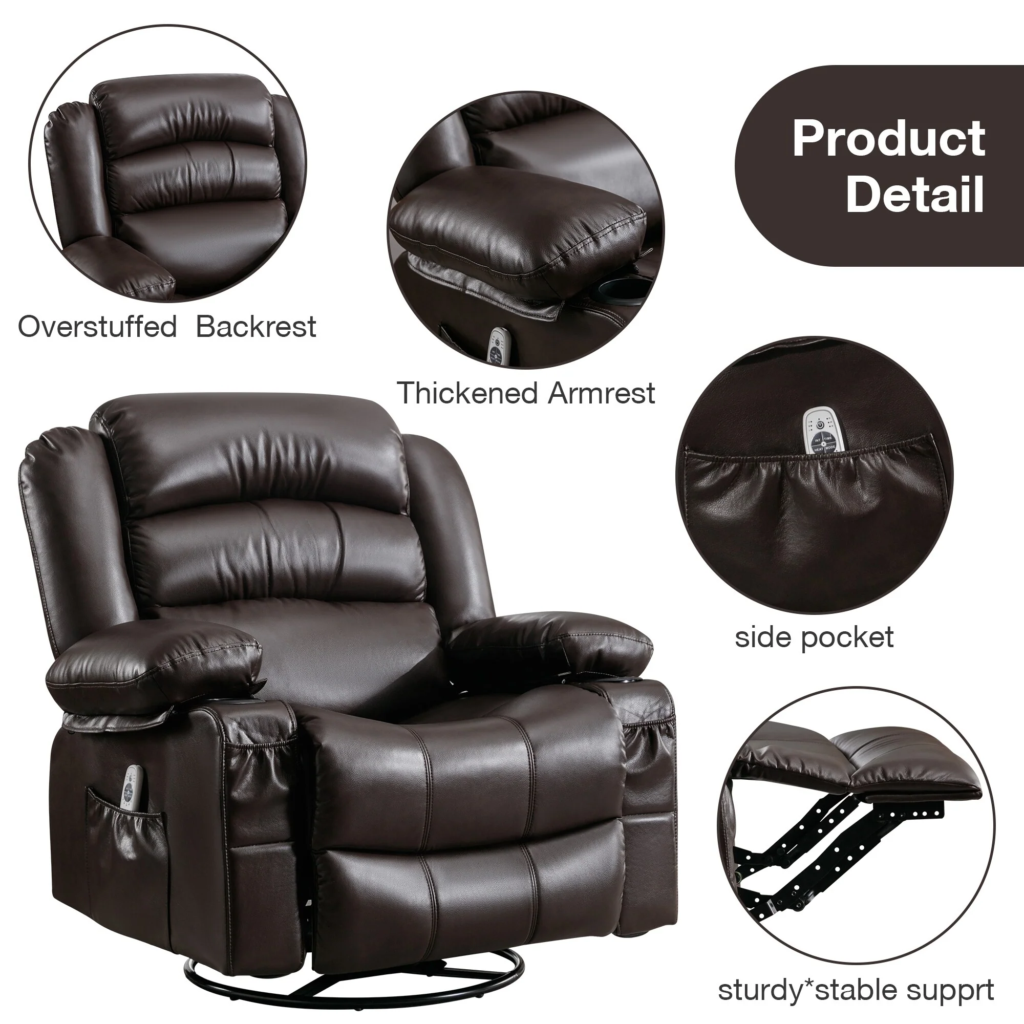 Black Swivel Rocker Recliner with Massage, Heat, USB, and Cup Holders
