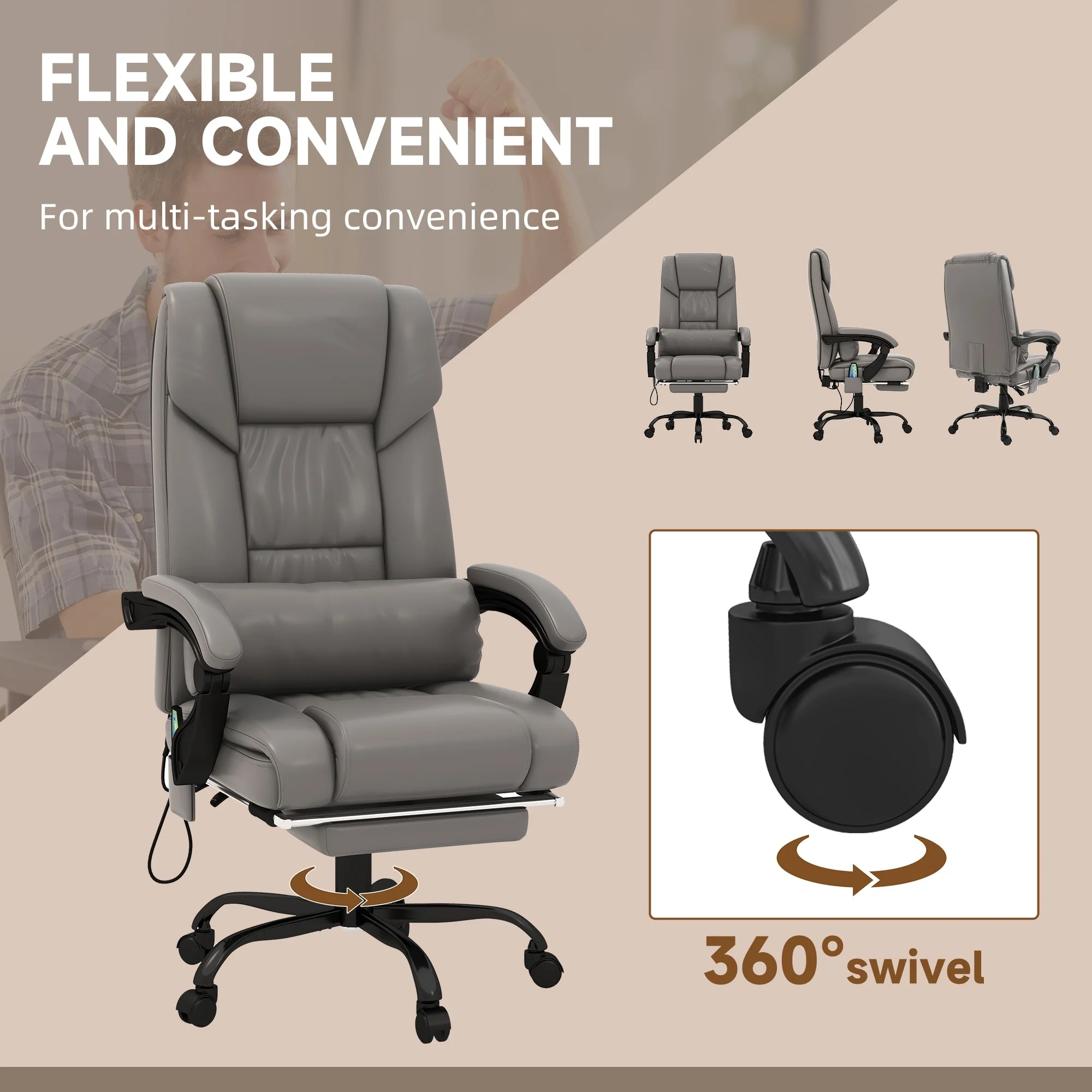 Executive Leather Desk Chair with 6-Point Massage, Adjustable Height, Reclining Back, Footrest & Remote Control