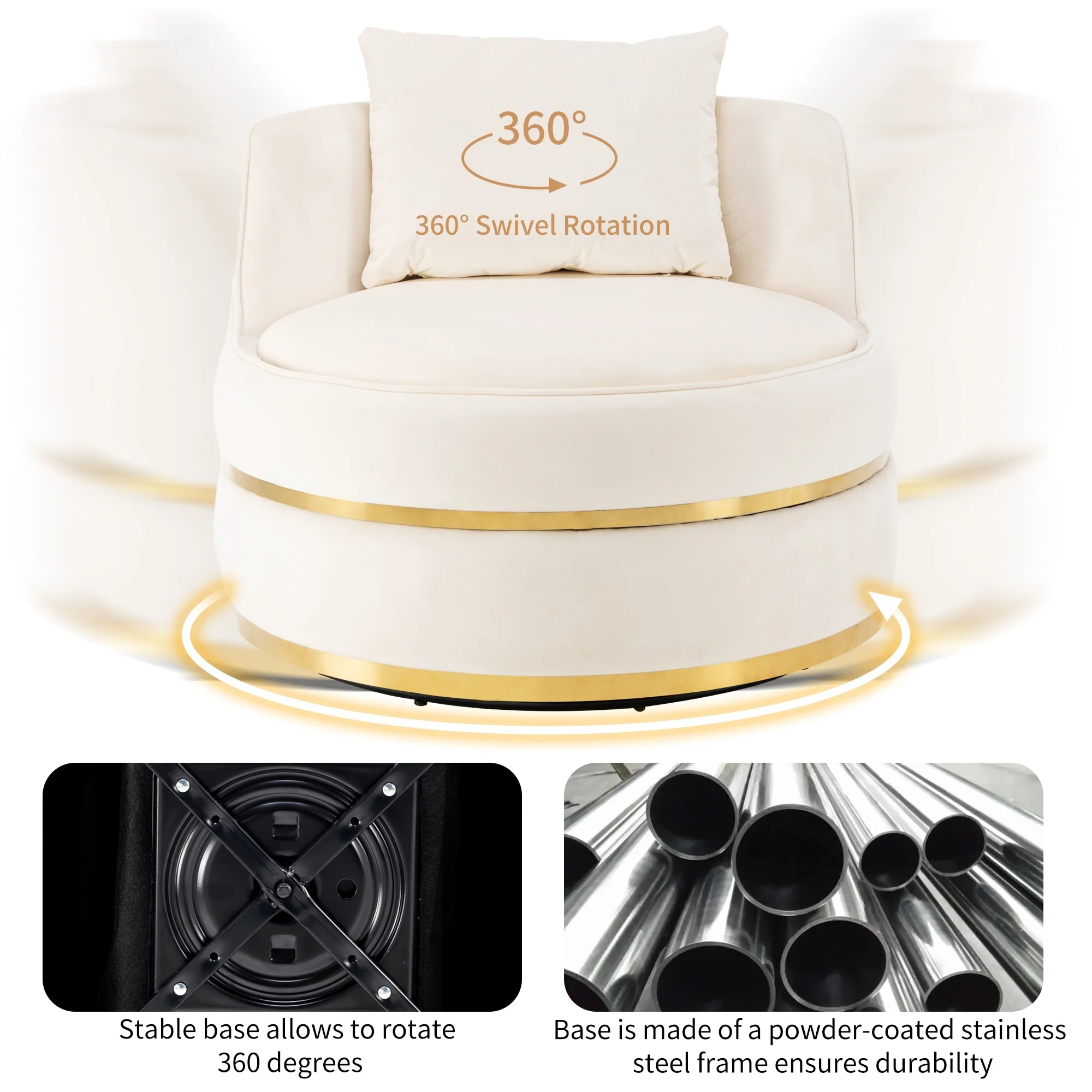 Velvet 360�� Swivel Accent Chair with Seat Cushion, Upholstered Barrel Chair with Stainless Steel Base Living Room Chair