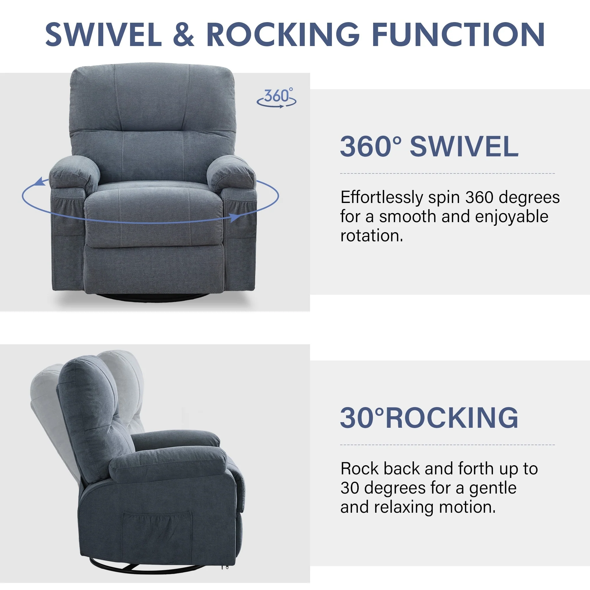 360�� Rotating Recliner Chair with Adjustable Backrest, Swivel Rocking Armchair with Footrest, Soft Cushions & Side Pockets