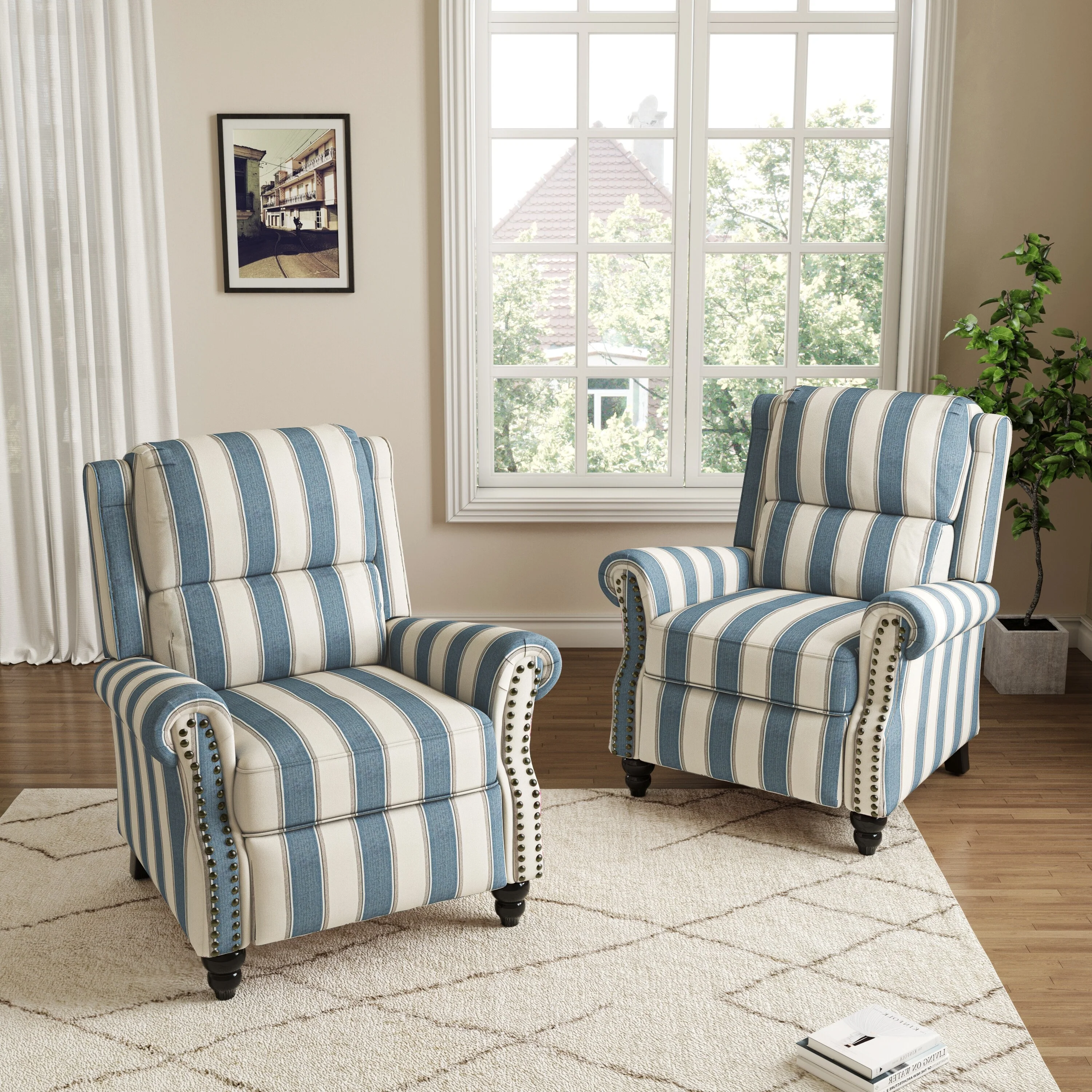 2 Set Manual Pushback Recliner Chair with Nailhead Trim