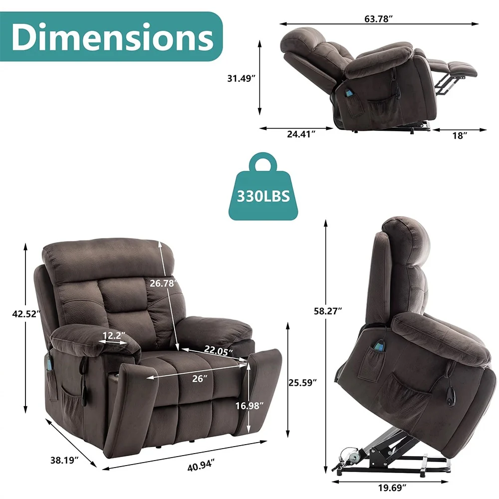 Large Electric Massage Lift Recliner with Heat, Hidden Cup Holder