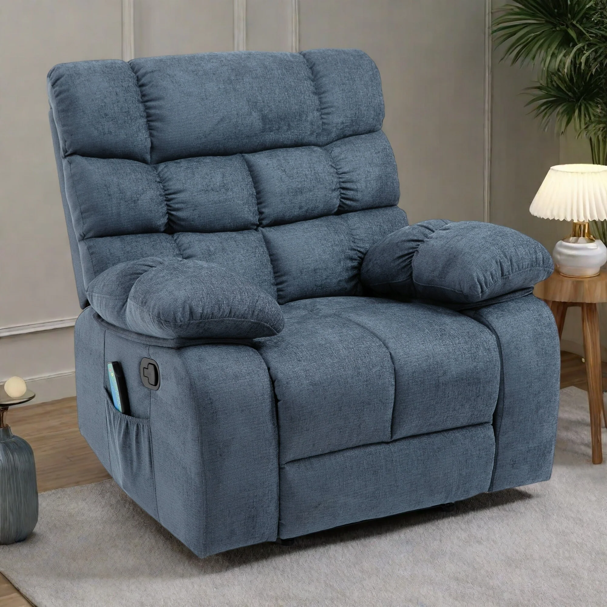 Modern Massage Recliner Chair with Pillow Tufting, 5 Modes, Remote Control and Manual Pull Recline