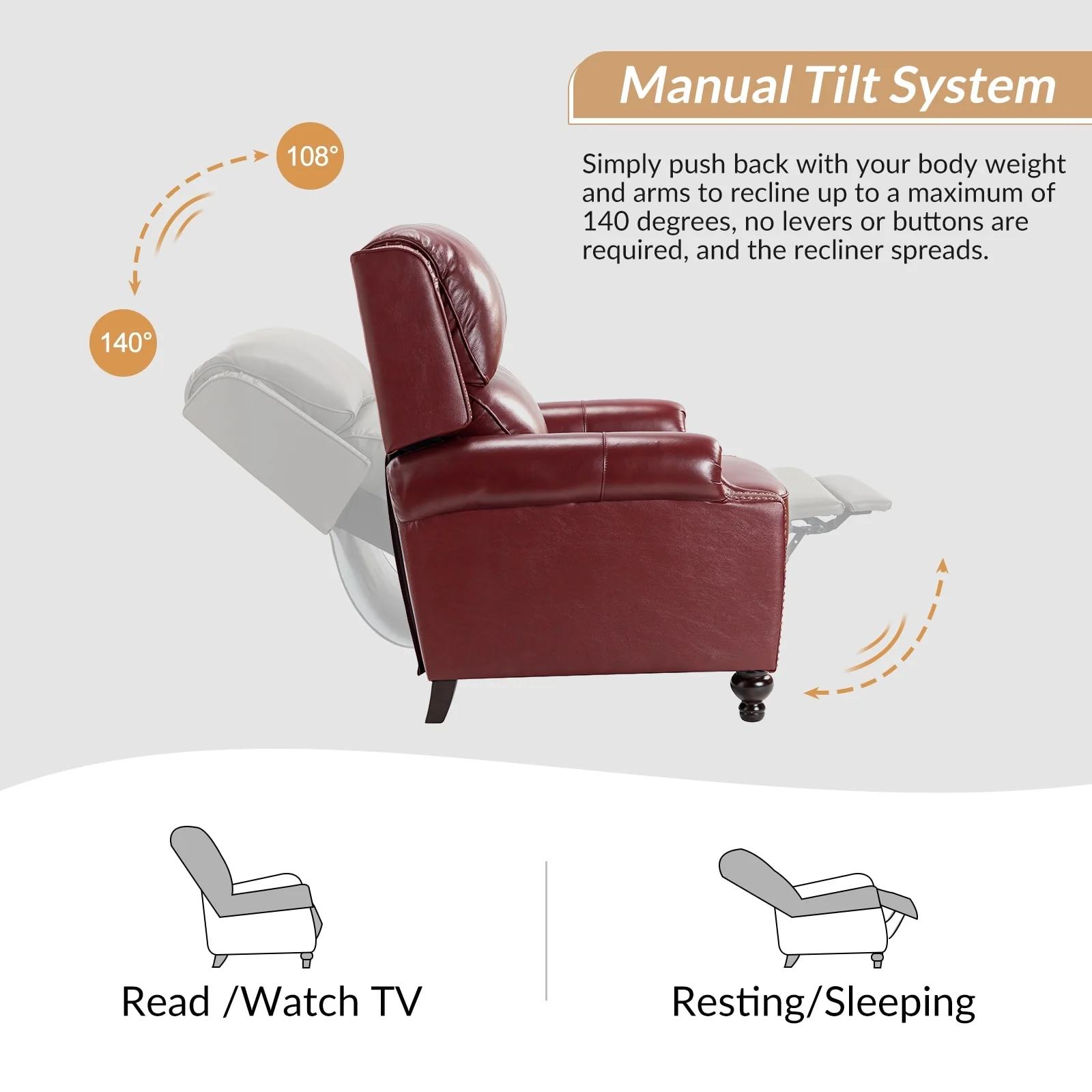 Gabriela Mid-Century Modern Genuine Leather Recliner with Tapered Block Feet by HULALA HOME