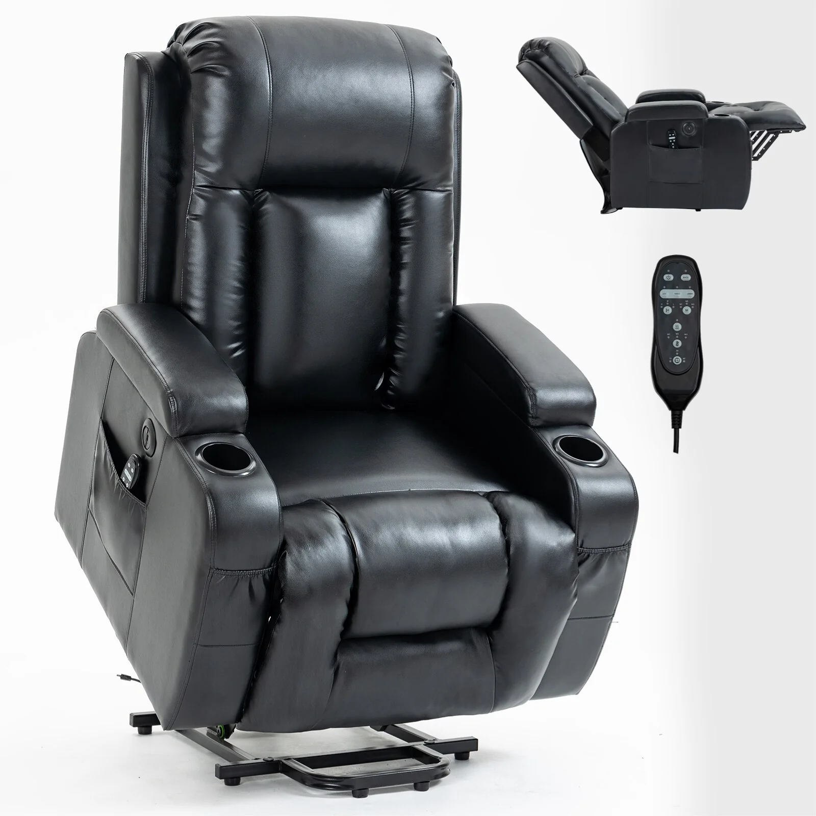 Black Power Lift Recliner with Massage, Lumbar Heat, USB, and Cup Holders