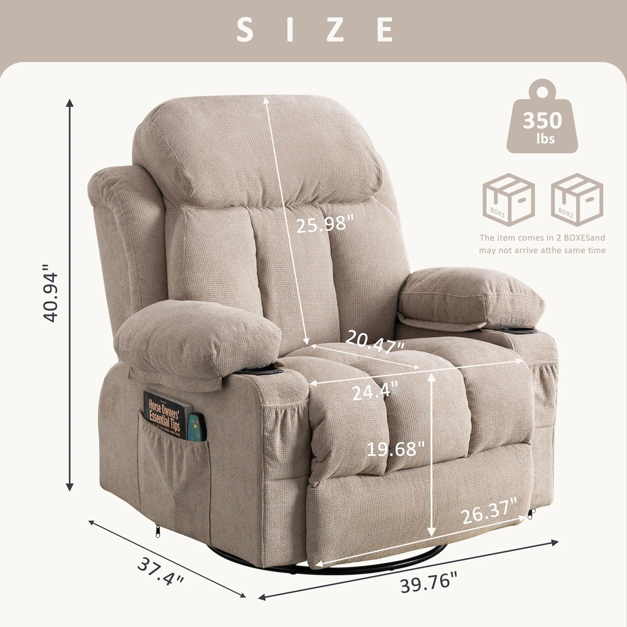Beige 360-Degree Swivel Recliner with Massage and Heating, USB Charging, 2 Cup Holders, Large Side Pockets